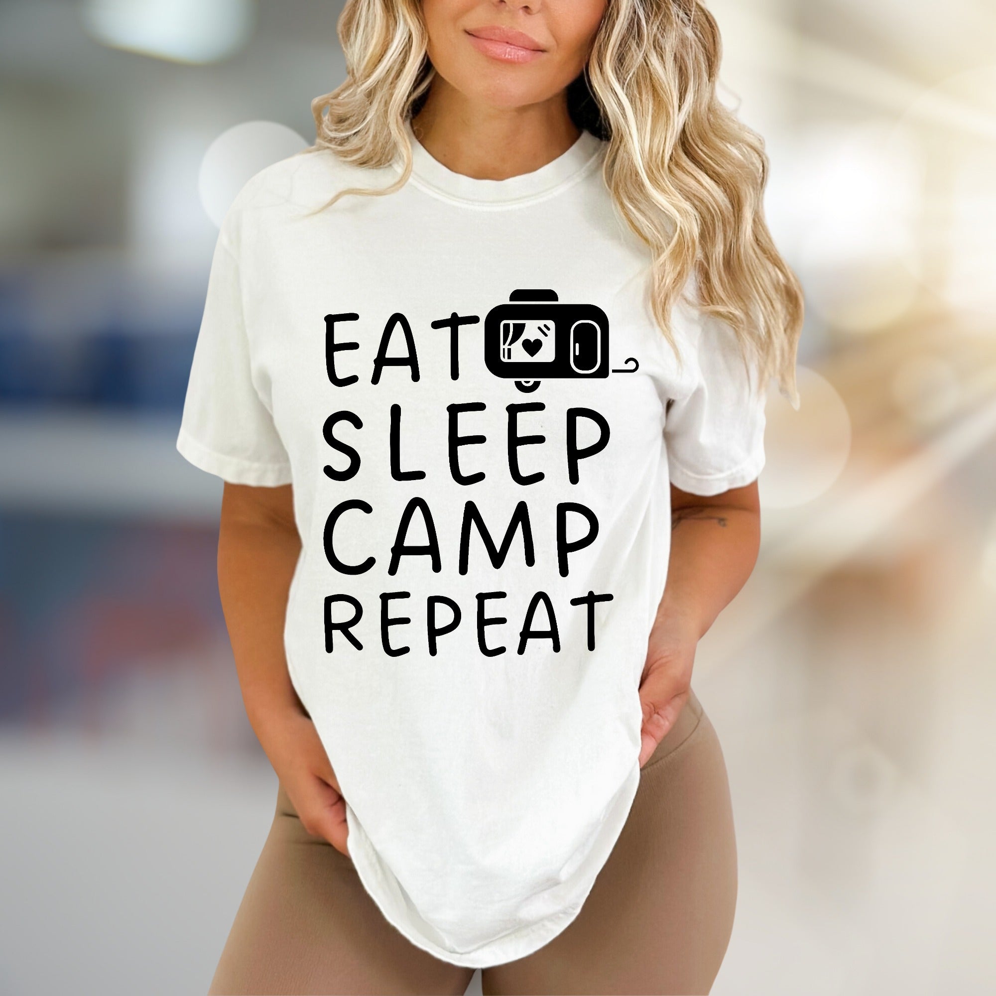 "EAT SLEEP CAMP REPEAT" Camper Graphic Tee, a Outdoorsy Pick for Enthusiasts