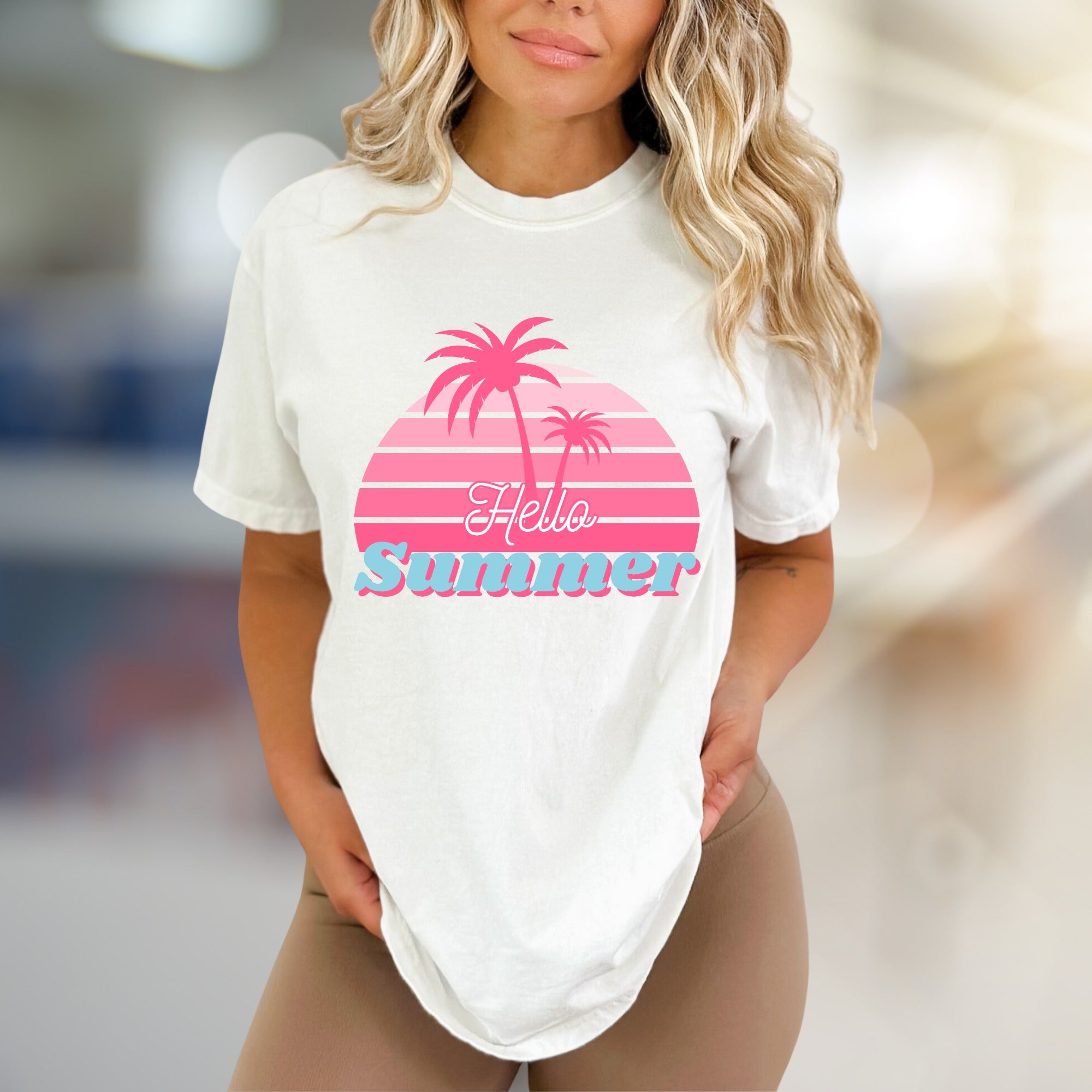 "Hello Summer" Tropical Sunset Graphic Tee, a Vacation Vibes Pick for Beach Lovers
