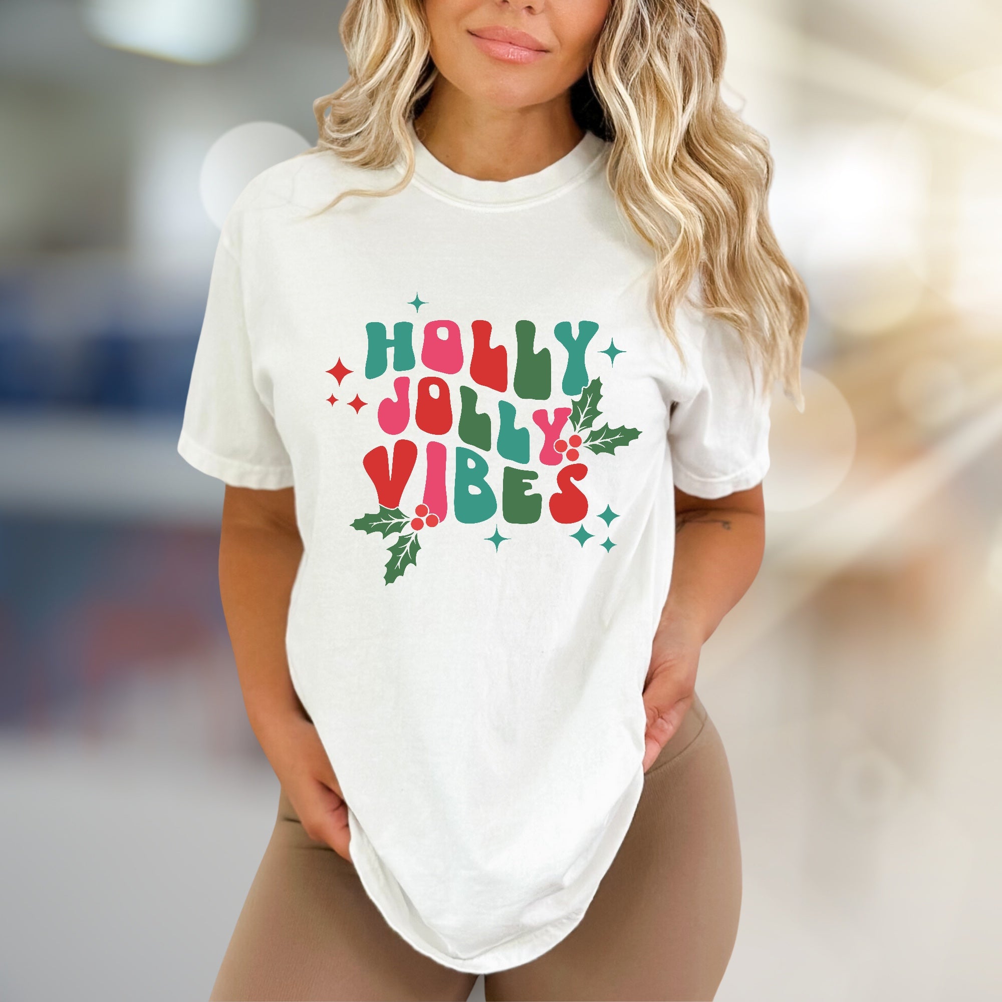 "Holly Jolly Vibes" Retro Holiday Graphic Tee, a Festive Pick for Christmas Lovers