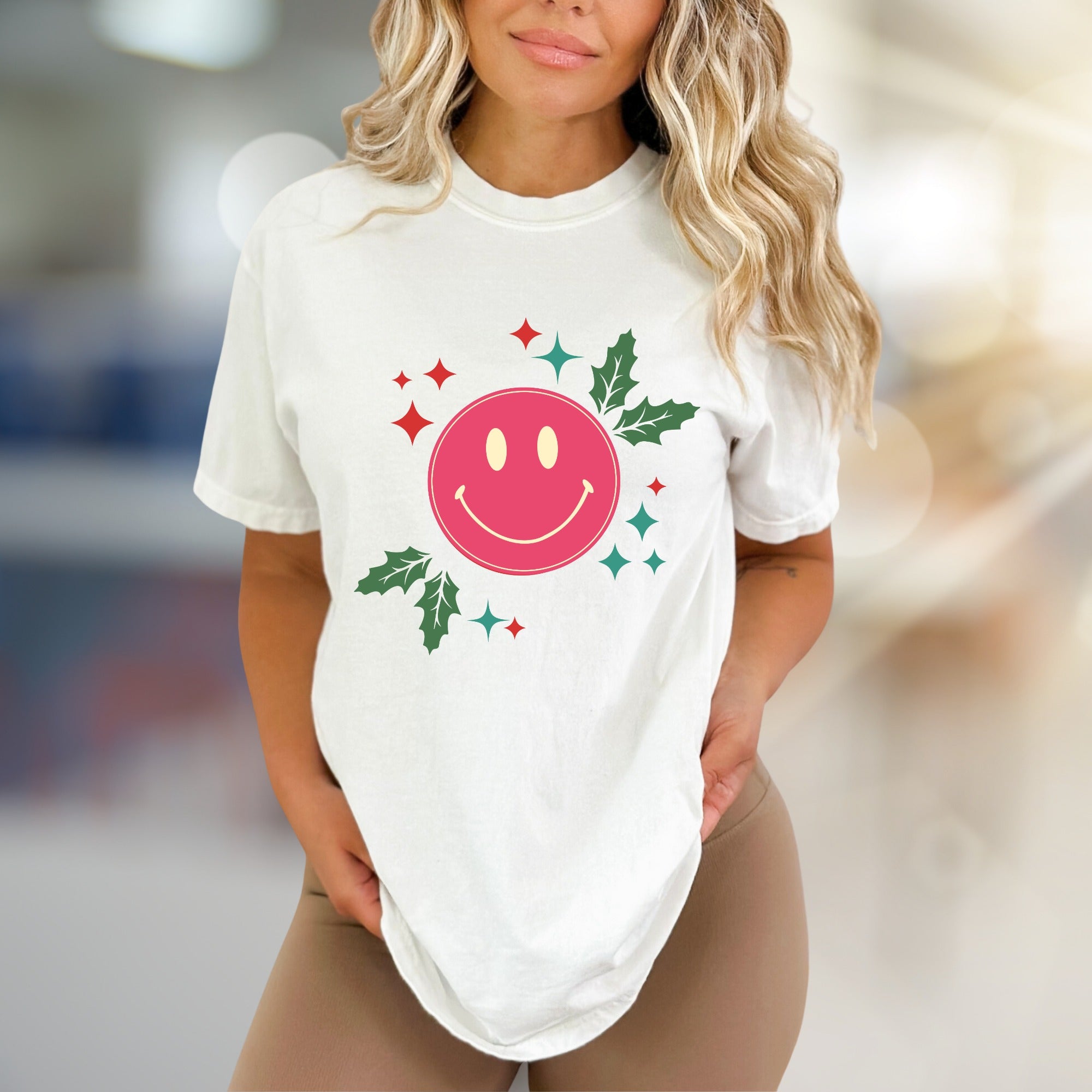 Happy Holly Jolly Smile Face Graphic Tee, a Festive Comfort Pick for Joyful Spirits