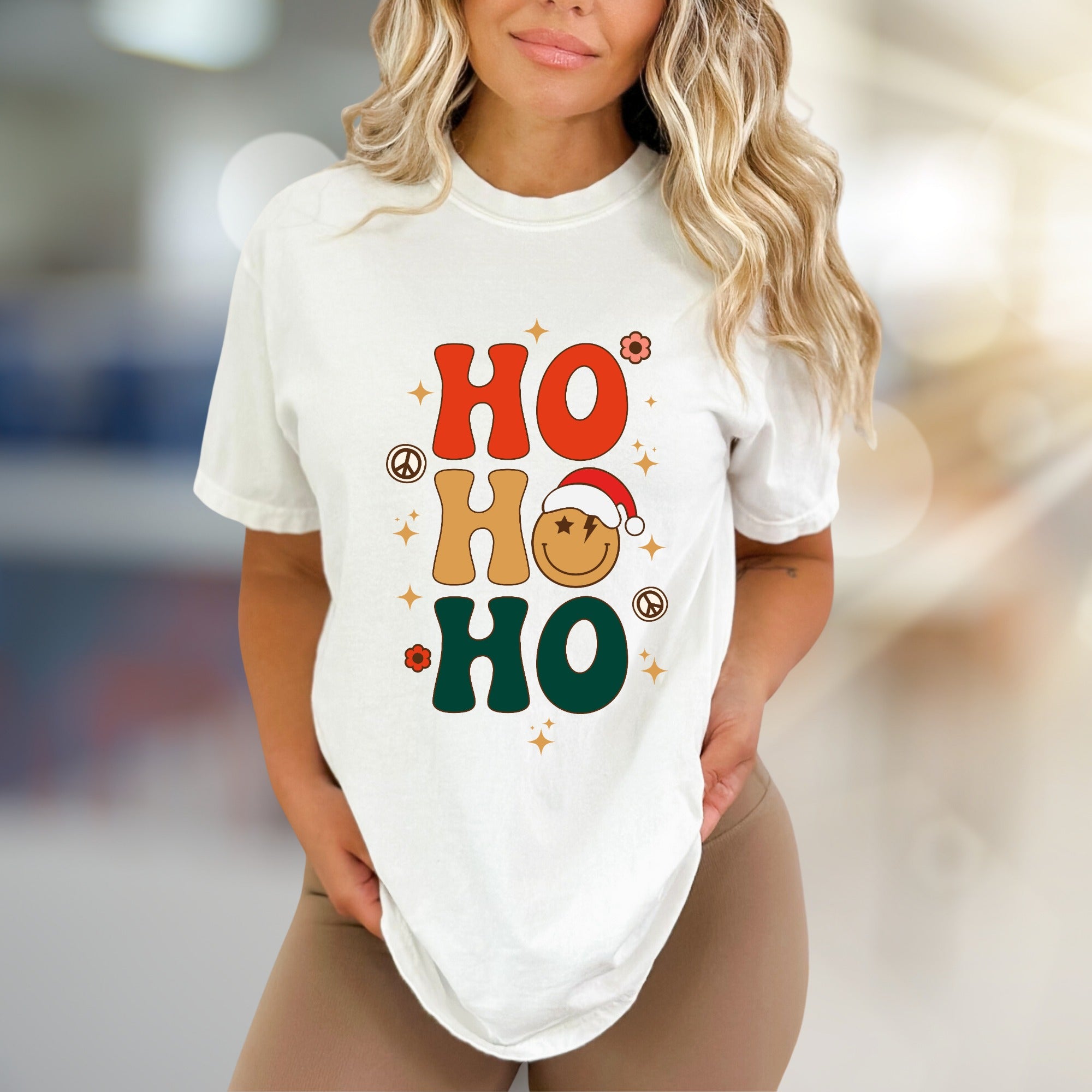 "HO HO HO" Retro Smiley Graphic Tee, a Festive Holiday Pick for Merrymakers