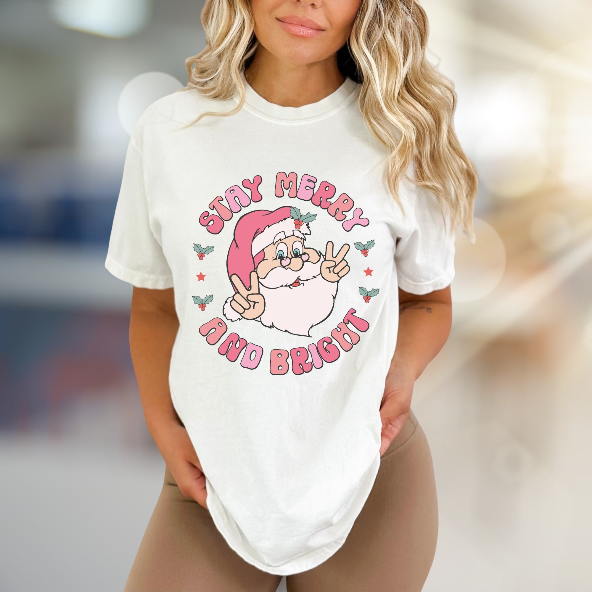"Stay Merry and Bright" Groovy Santa Graphic Tee, a Retro Christmas Pick for Holiday Lovers