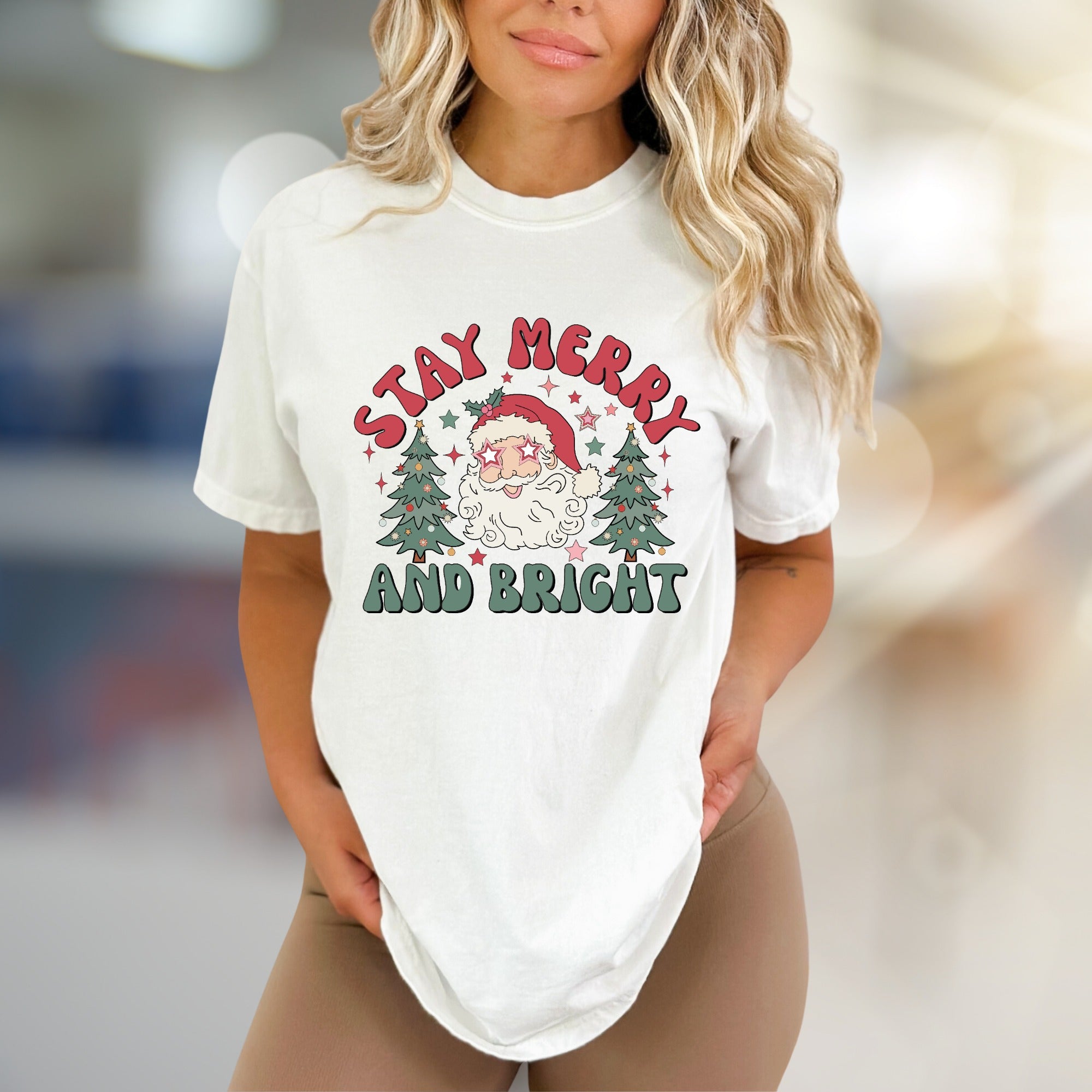 "Stay Merry and Bright" Festive Santa Graphic Tee, a Retro Christmas Pick for Holiday Lovers