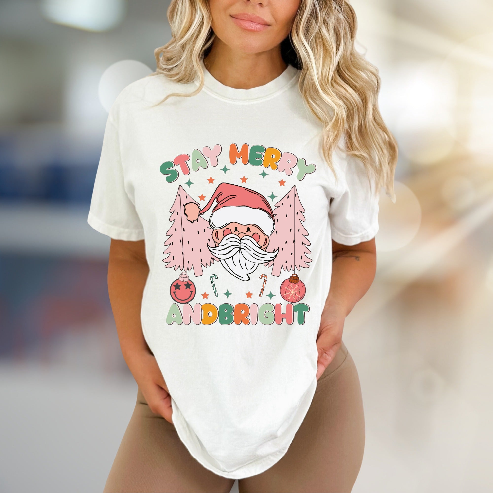 "Stay Merry and Bright" Festive Santa Graphic Tee, a Whimsical Holiday Pick for Everyone