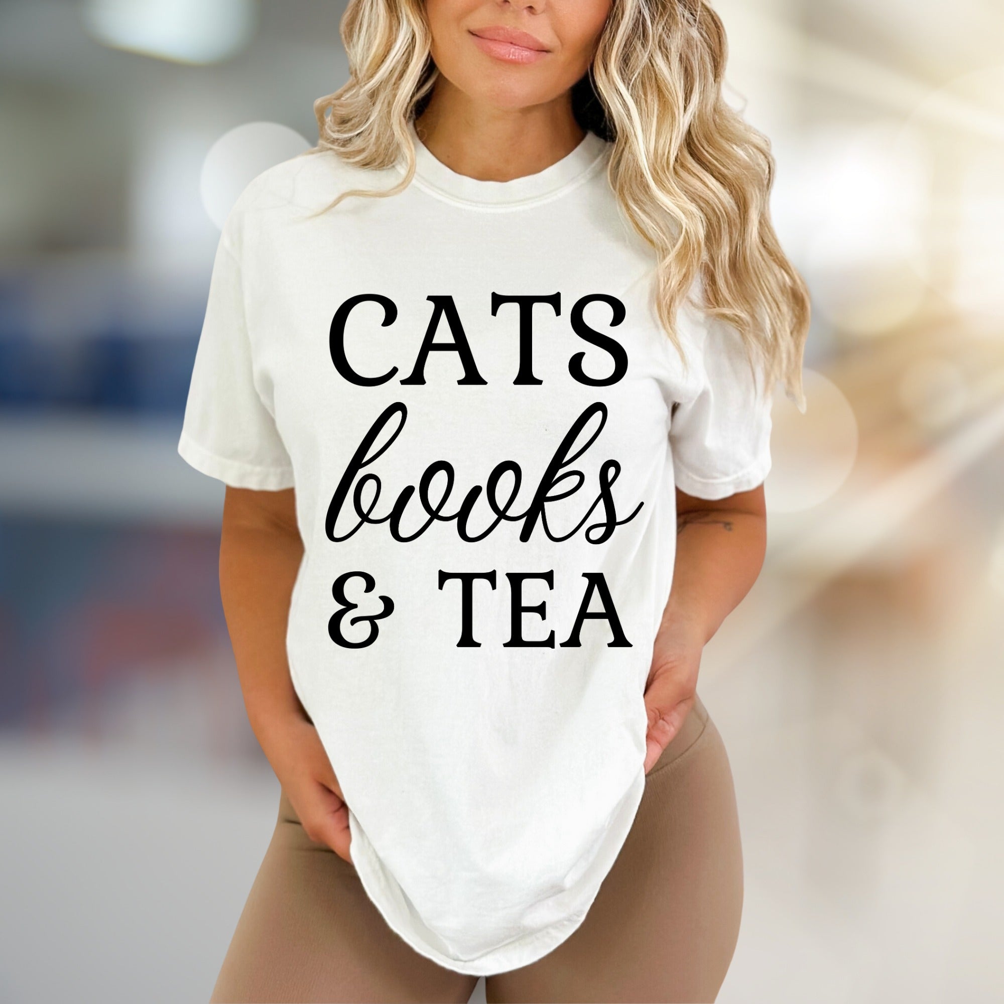"CATS books & TEA" Cozy Lifestyle Graphic Tee, a Comfort Pick for Introverts