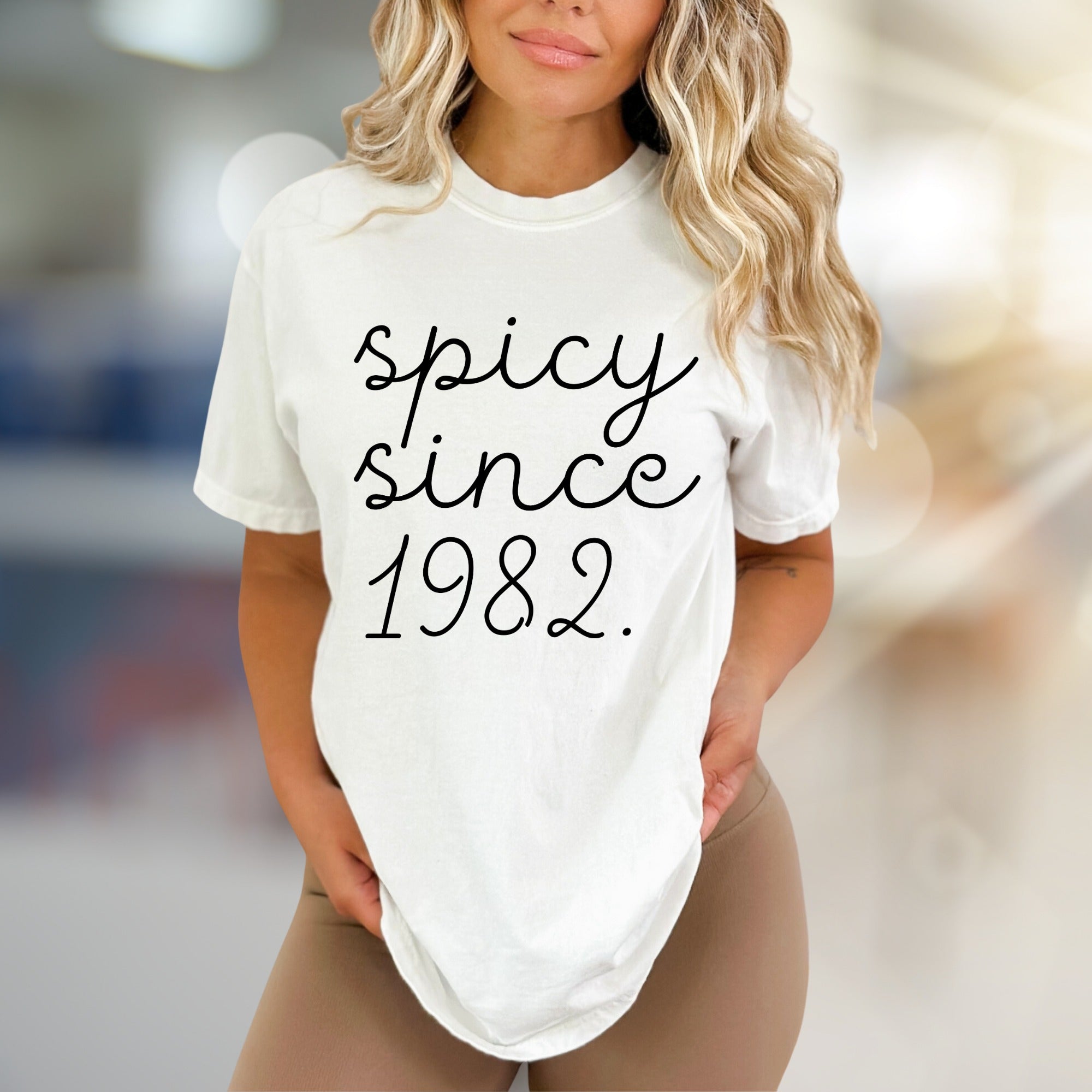 "Spicy Since 1982" Retro Birthday Graphic Tee, a Bold Statement for Her