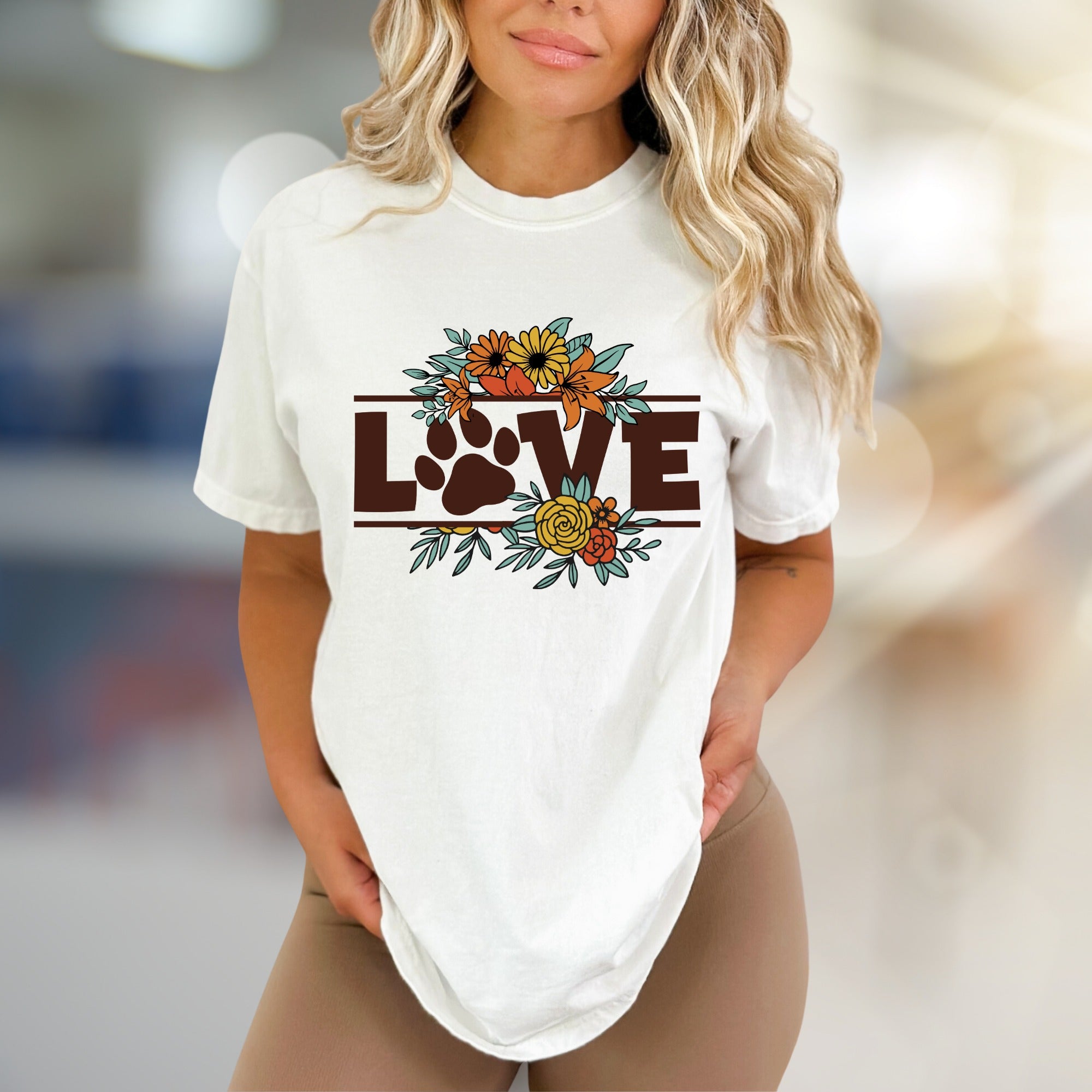 "LOVE" Floral Paw Print Graphic Tee, a Bohemian Pet Lover's Pick for Everyday Style