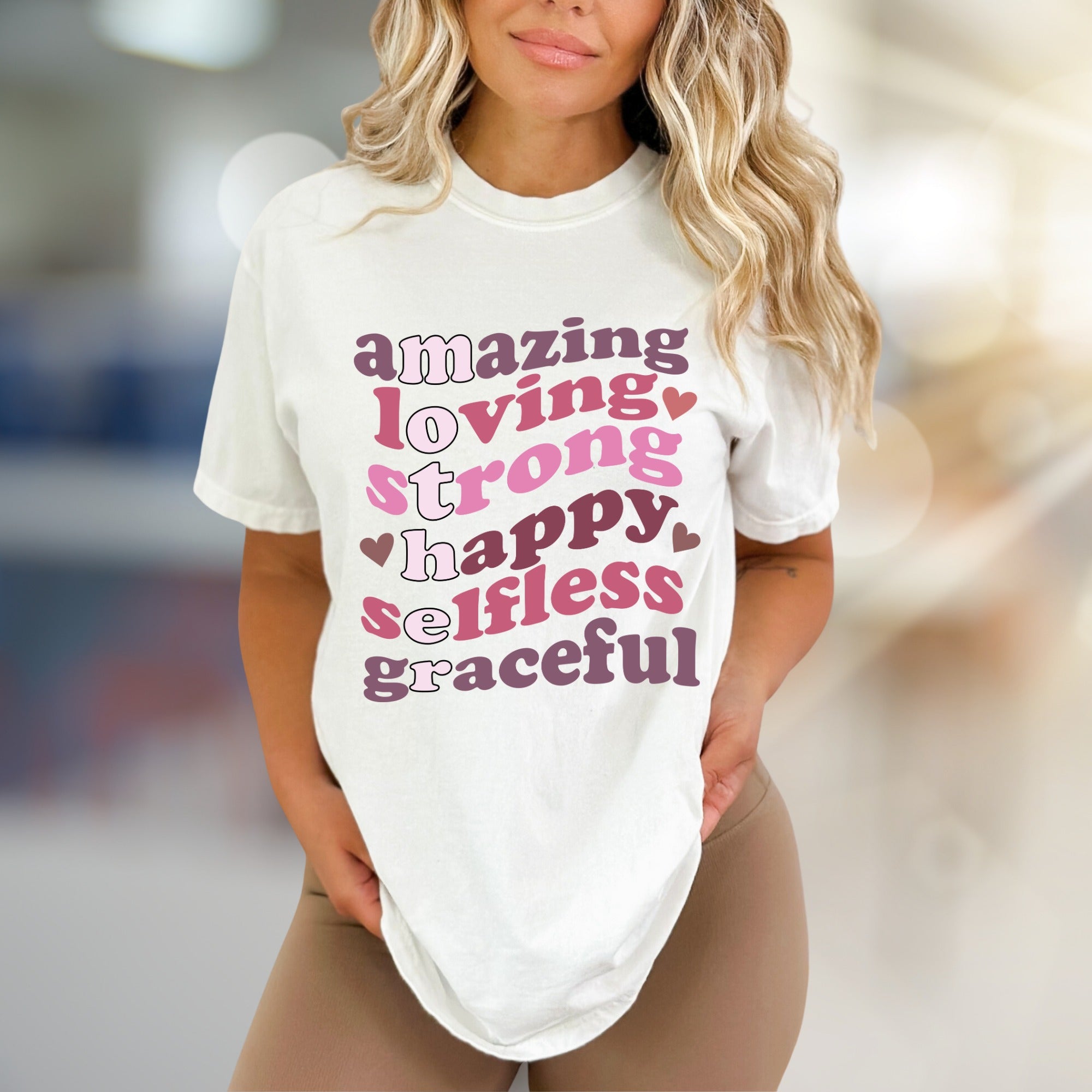 "Amazing Loving Strong Happy Selfless Graceful" Empowering Groovy Graphic Tee, a Self-Love Pick for Her