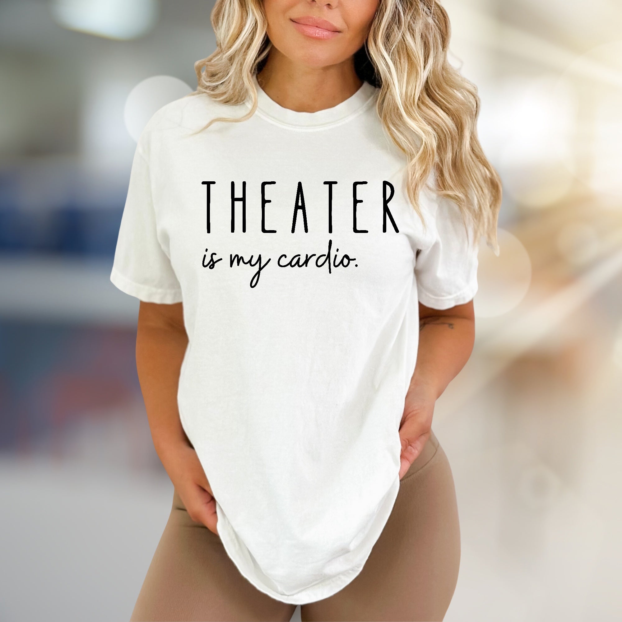 "THEATER is my cardio." Playful Script Graphic Tee, a Broadway Lover's Statement