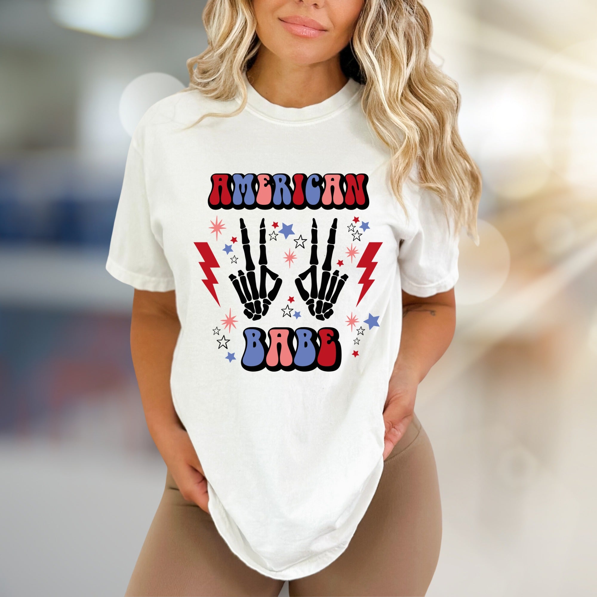 "AMERICAN BABE" Retro Patriotic Skeleton Tee, a Groovy Pick for Free Spirits