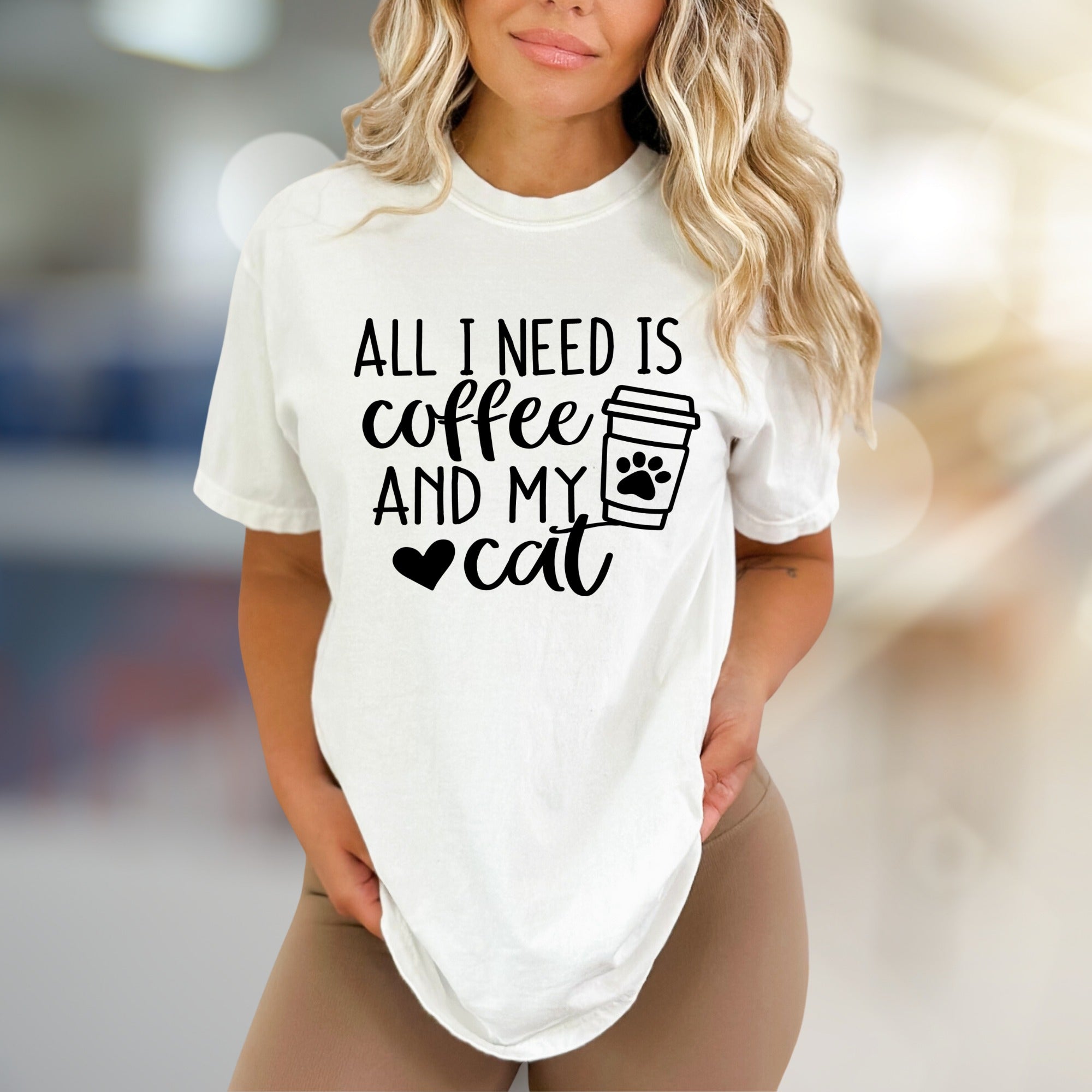 "All I Need is Coffee and My Cat" Cute Coffee Lover Graphic Tee, a Pet-Themed Pick for Daily Wear