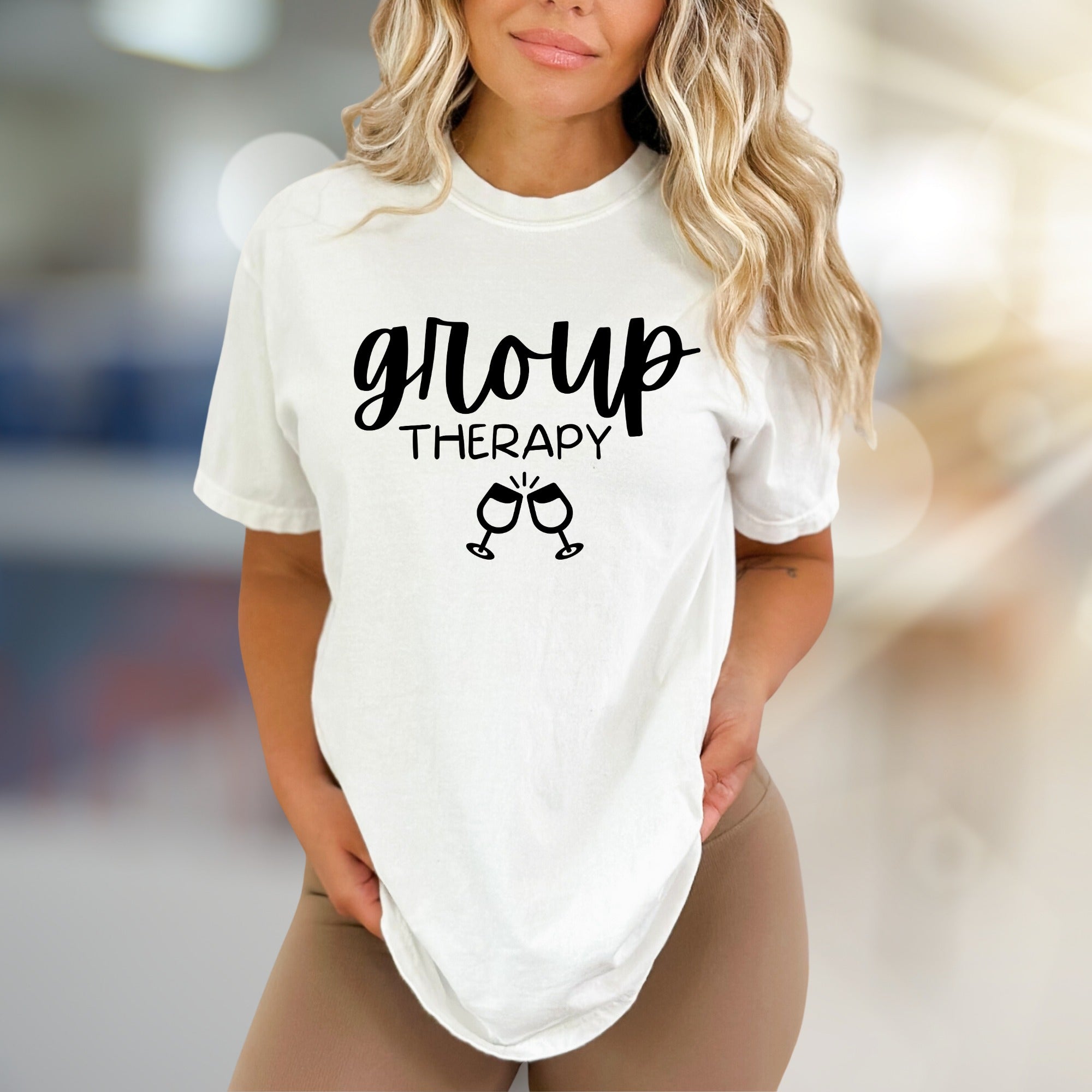 "Group Therapy" Wine Glasses Graphic Tee, a Social Pick for Fun-Loving Friends