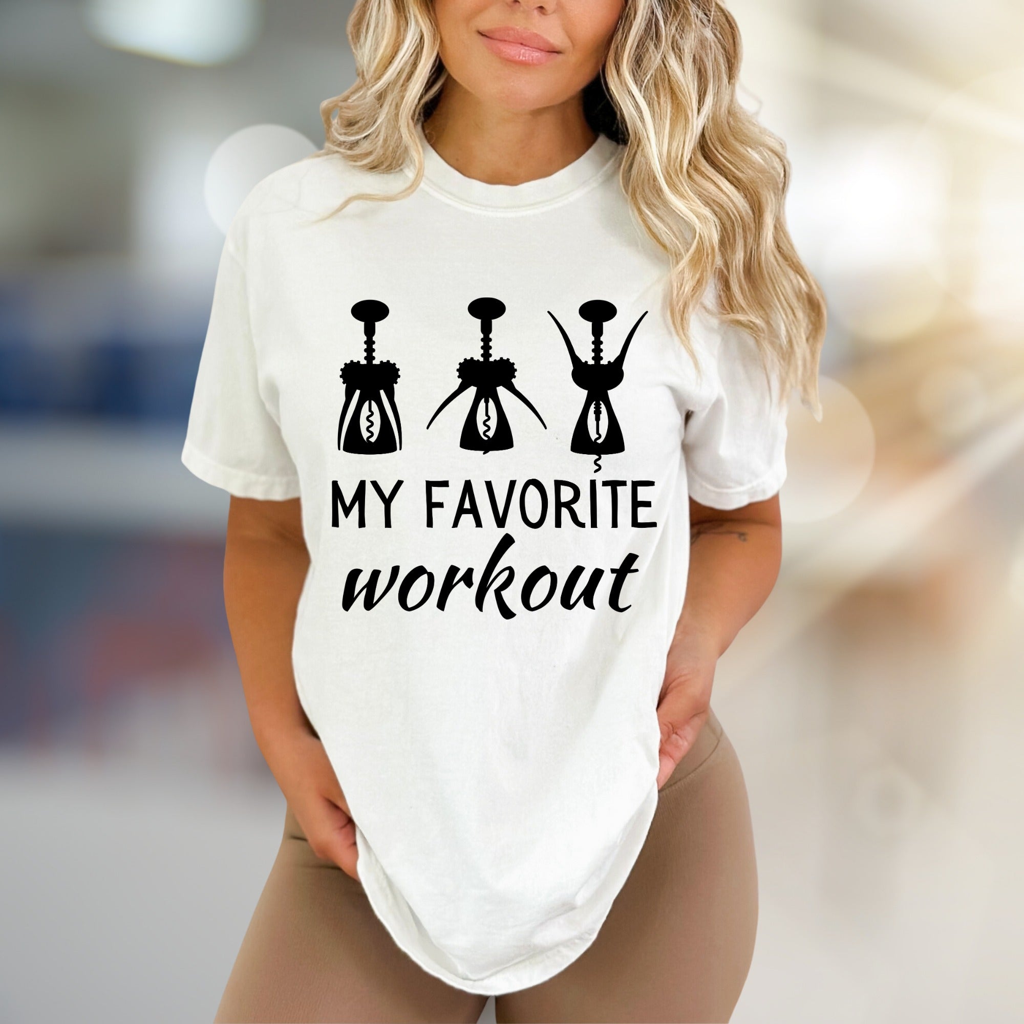 "My Favorite Workout" Wine Corkscrew Graphic Tee, a Witty Pick for Wine Lovers
