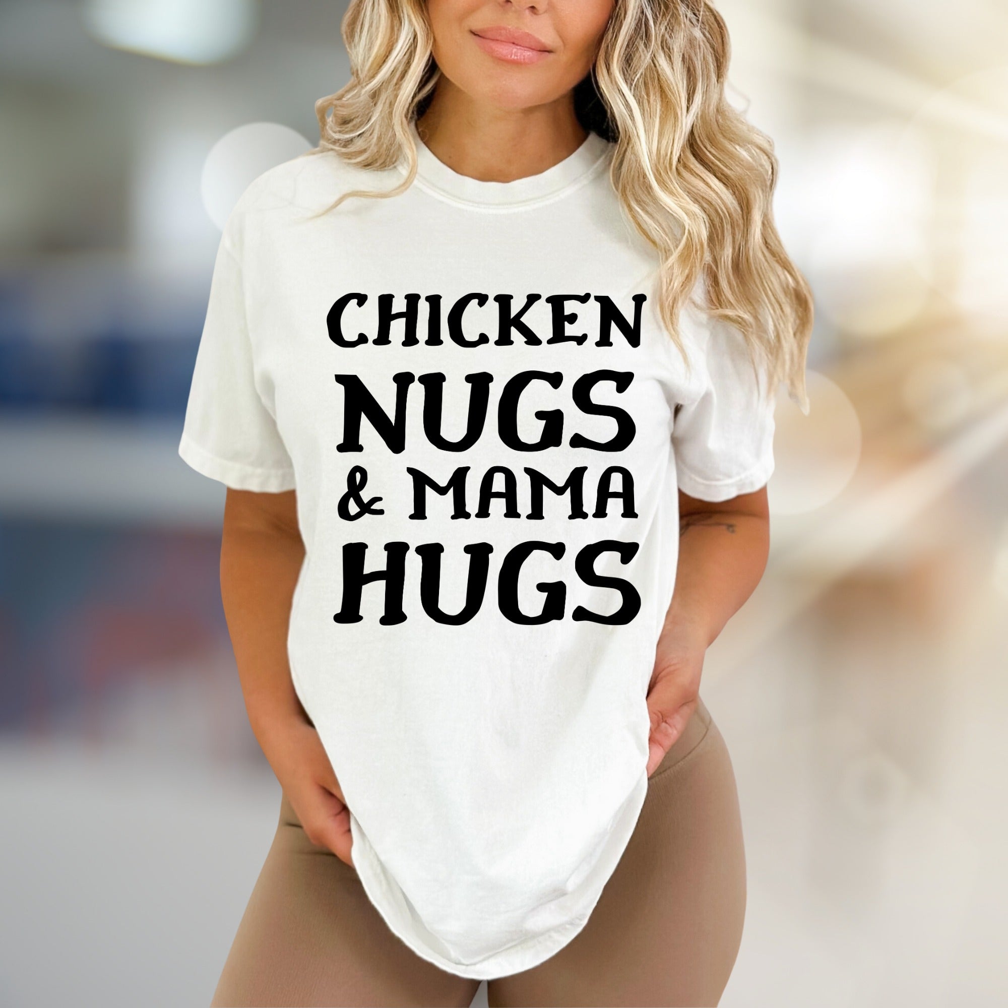 "Chicken Nugs & Mama Hugs" Whimsical Mom Life Graphic Tee, a Comfort-First Choice for Everyday