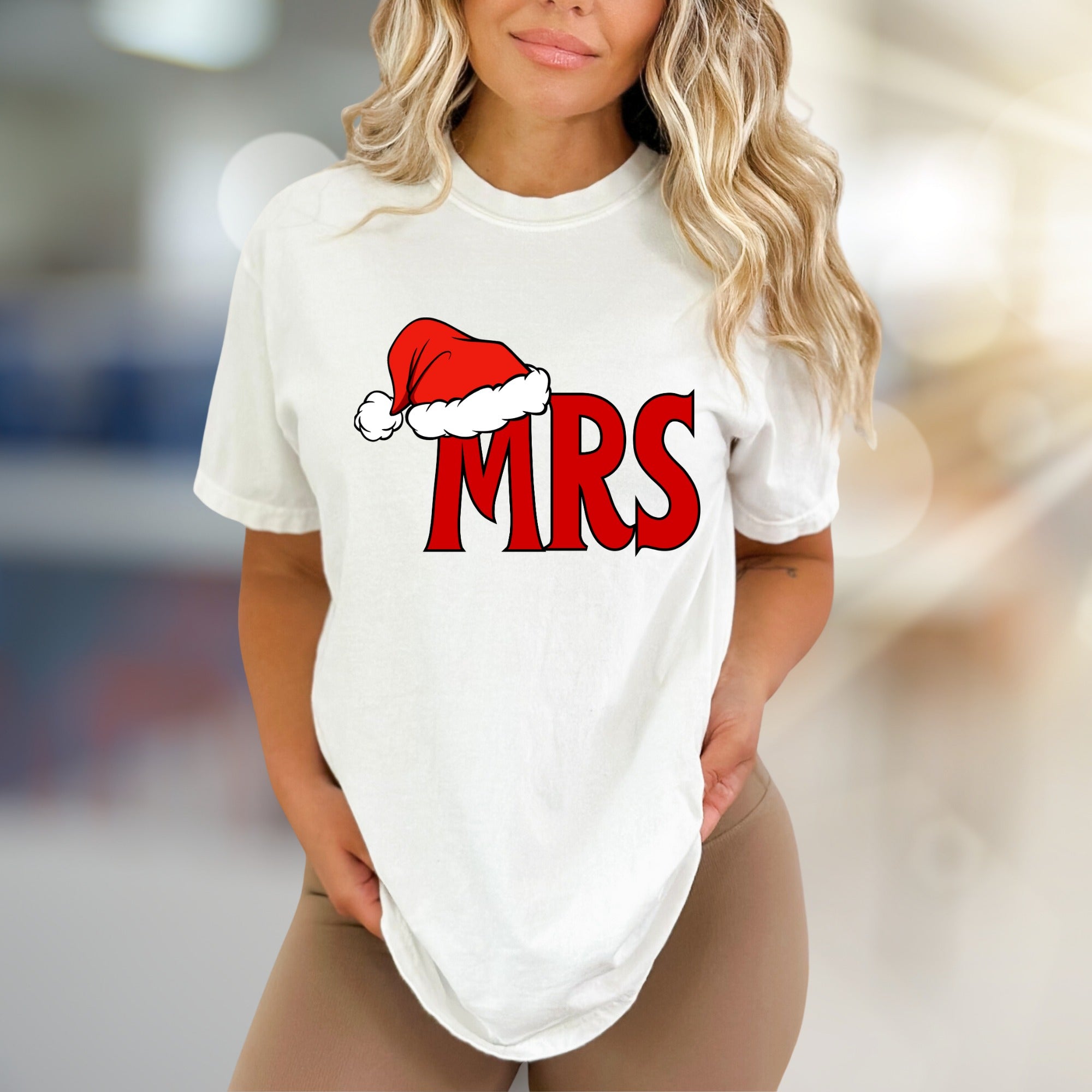 "MRS." with Santa Hat Holiday Graphic Tee, A Festive Couple's Pick for Her