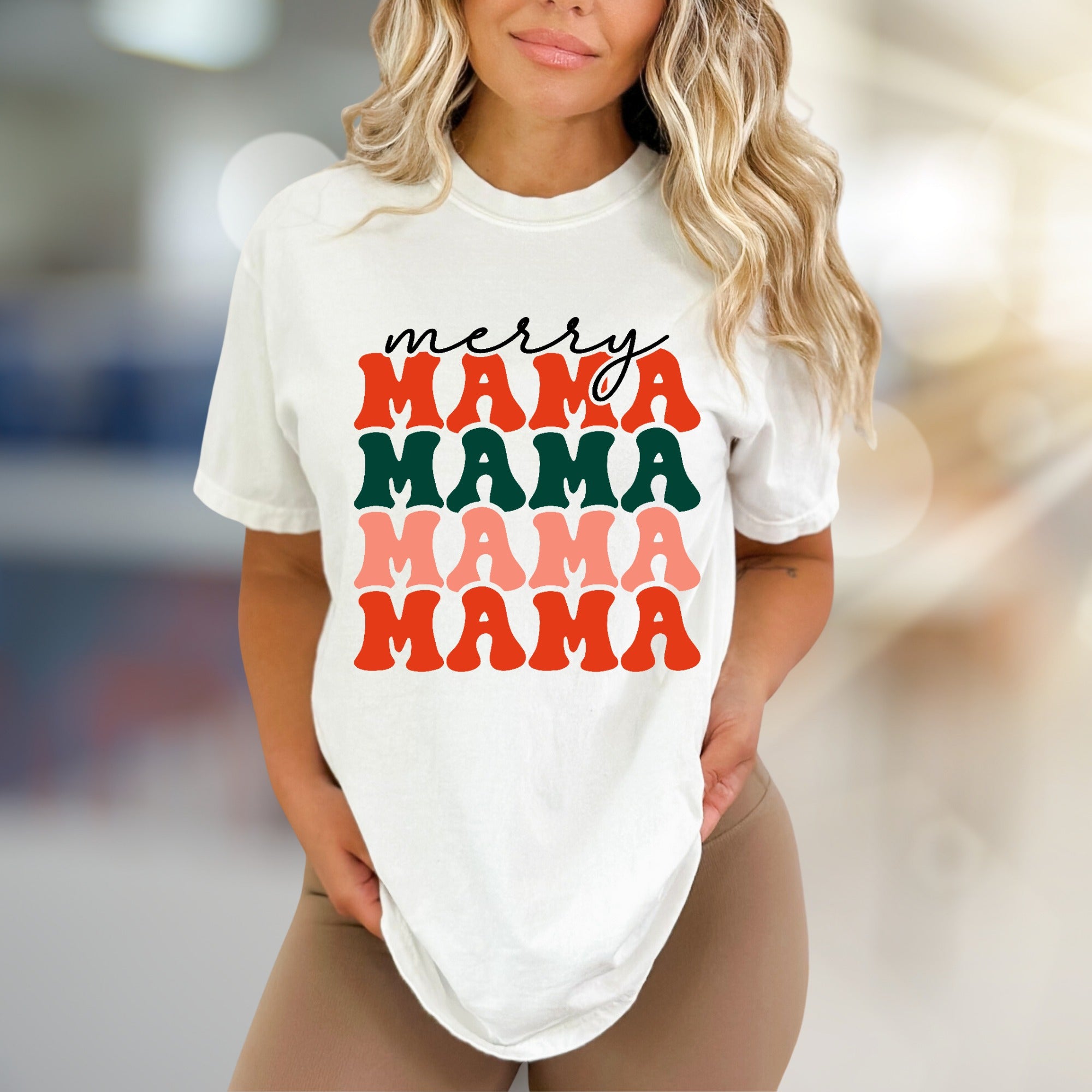"Merry Mama Mama Mama" Retro Holiday Graphic Tee, a Festive Pick for Moms