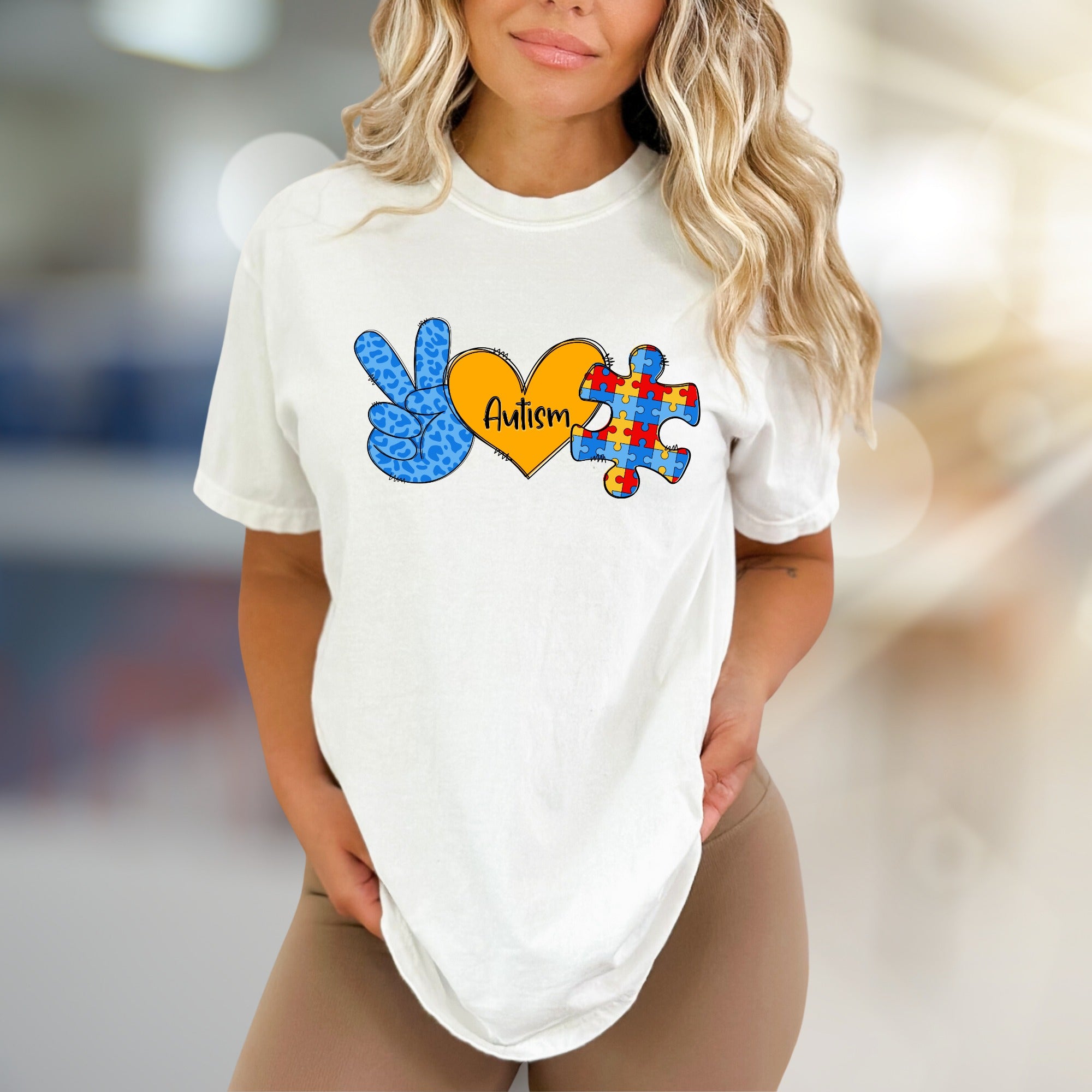“Autism” Peace, Love & Puzzle Graphic Tee, a Supportive Awareness Pick for Advocates