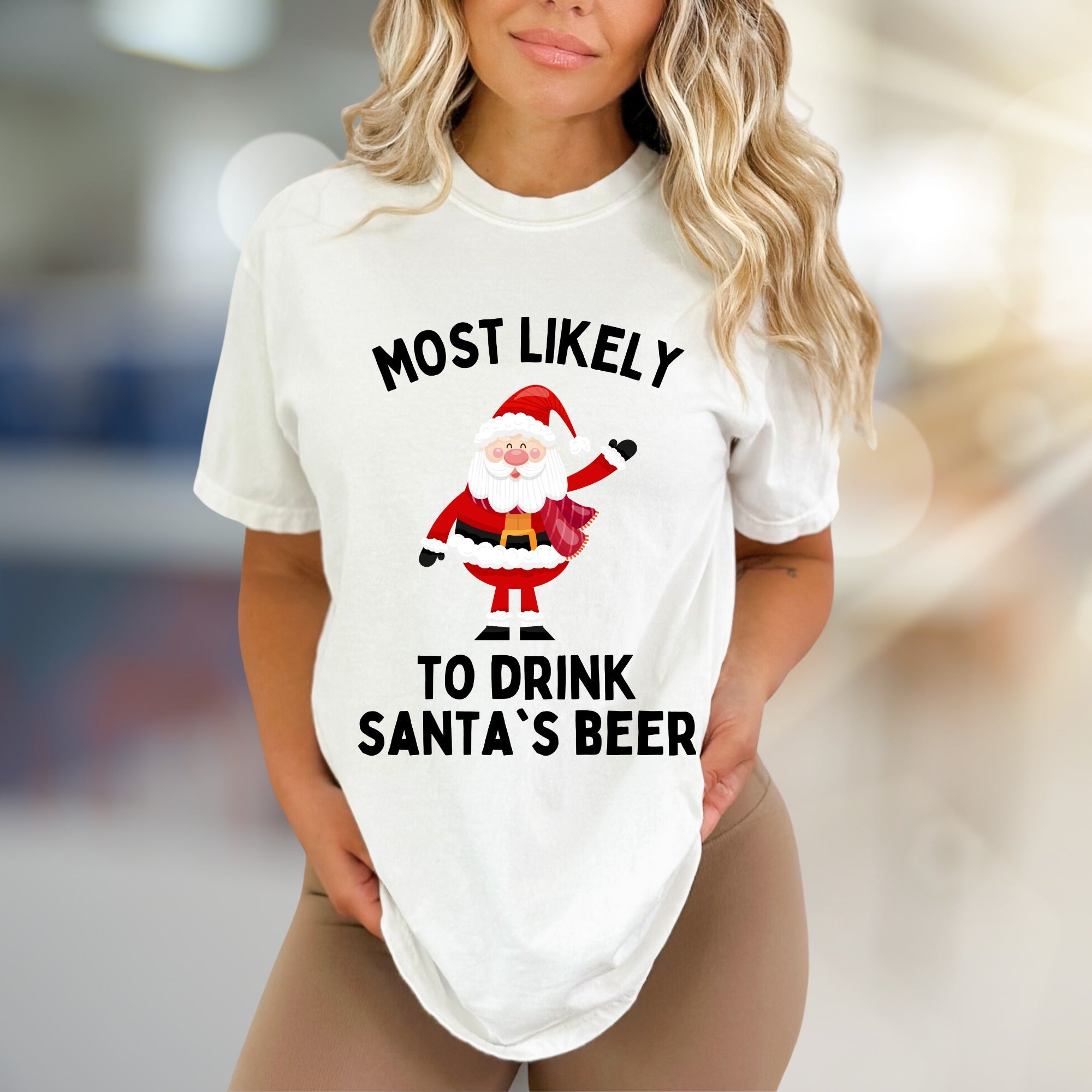 Most Likely To Drink Santa's Beer Funny Christmas Graphic Tee, a Holiday Humor Pick for Festive Adults