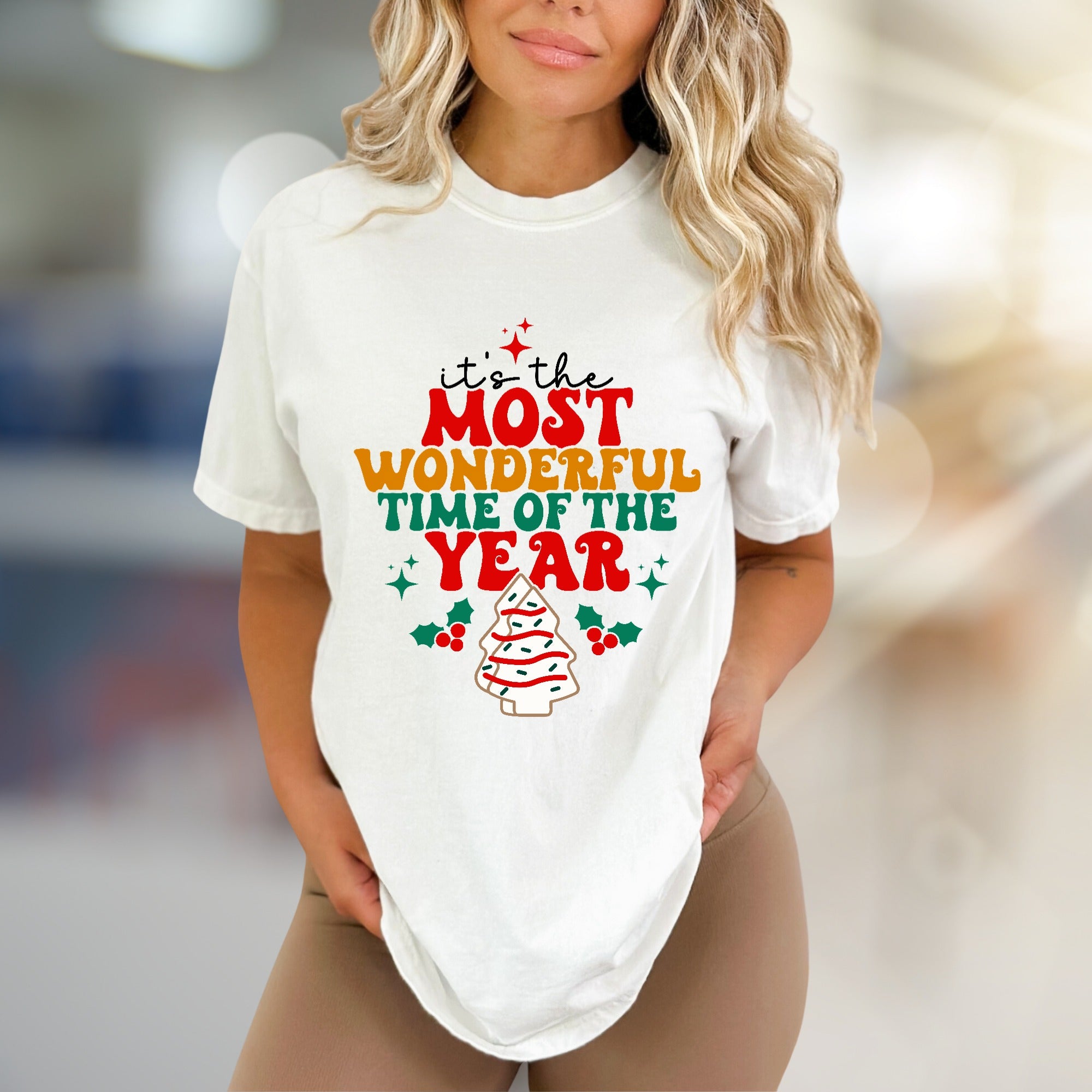 "It's the Most Wonderful Time of the Year" Whimsical Christmas Tree Graphic Tee, a Festive Holiday Pick for Everyone