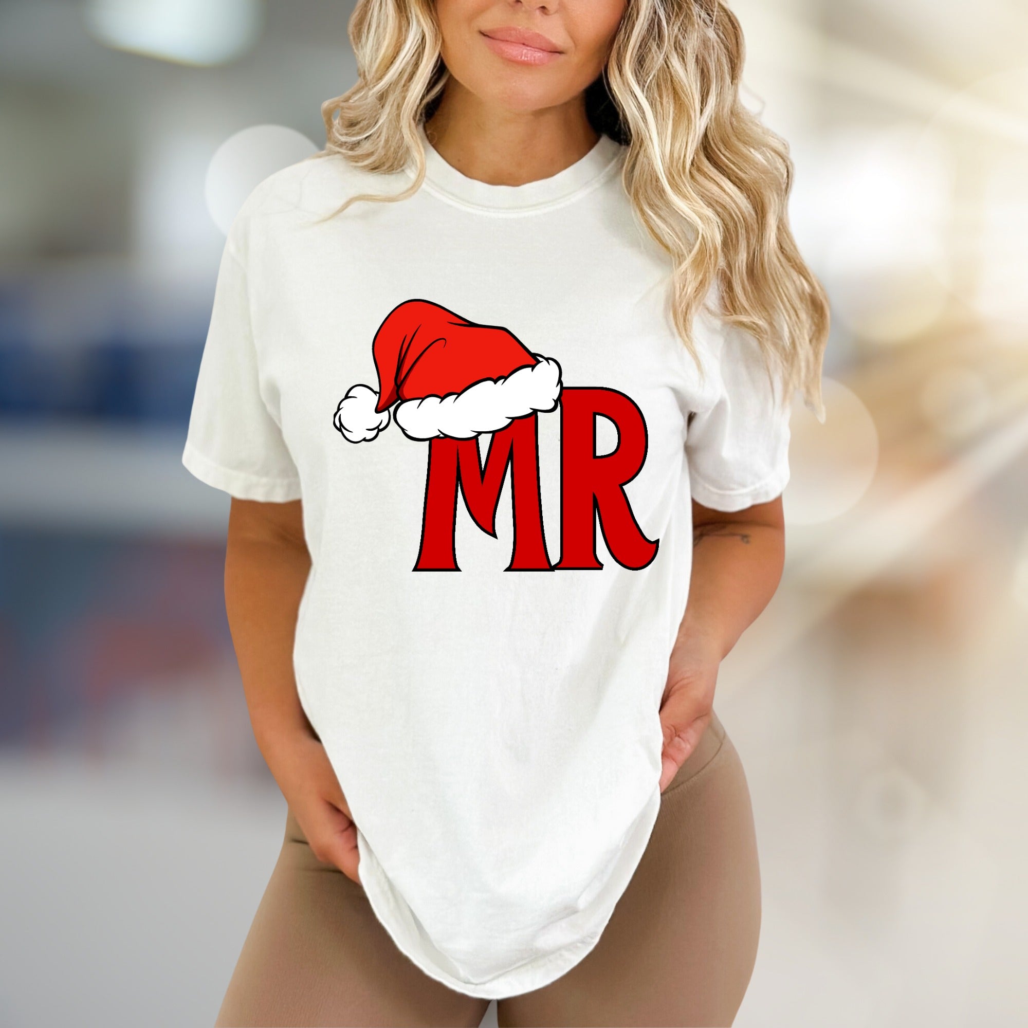 "MR" Santa Hat Christmas Graphic Tee, a Festive Holiday Pick for Couples