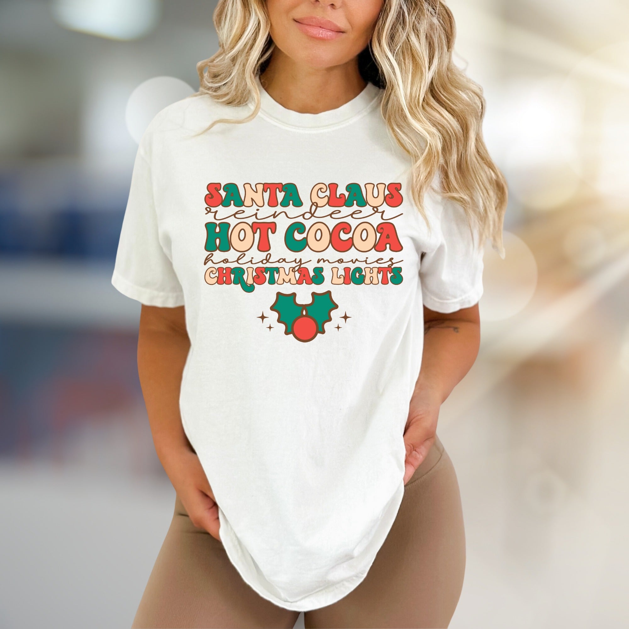 "SANTA CLAUS, REINDEER, HOT COCOA" Retro Christmas Graphic Tee, a Festive Pick for Holiday Lovers
