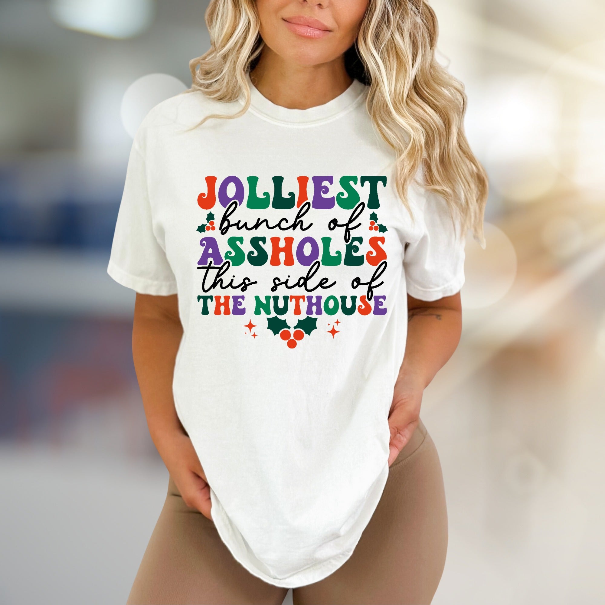 "Jolliest Bunch of Assholes" Retro Christmas Graphic Tee, a Witty Holiday Pick for Your Crew