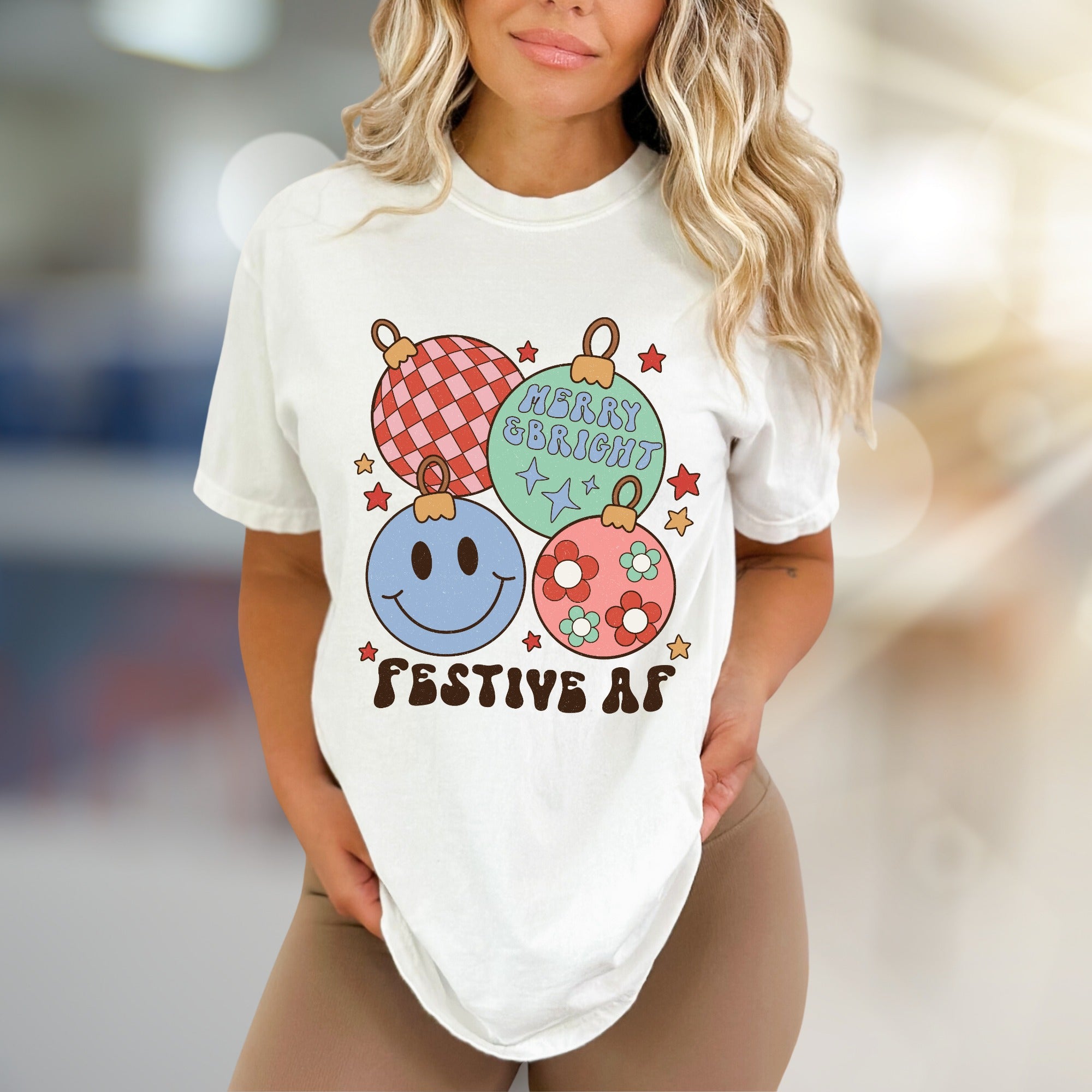 "Festive AF" Retro Holiday Ornaments Tee, a Groovy Christmas Pick for Everyone