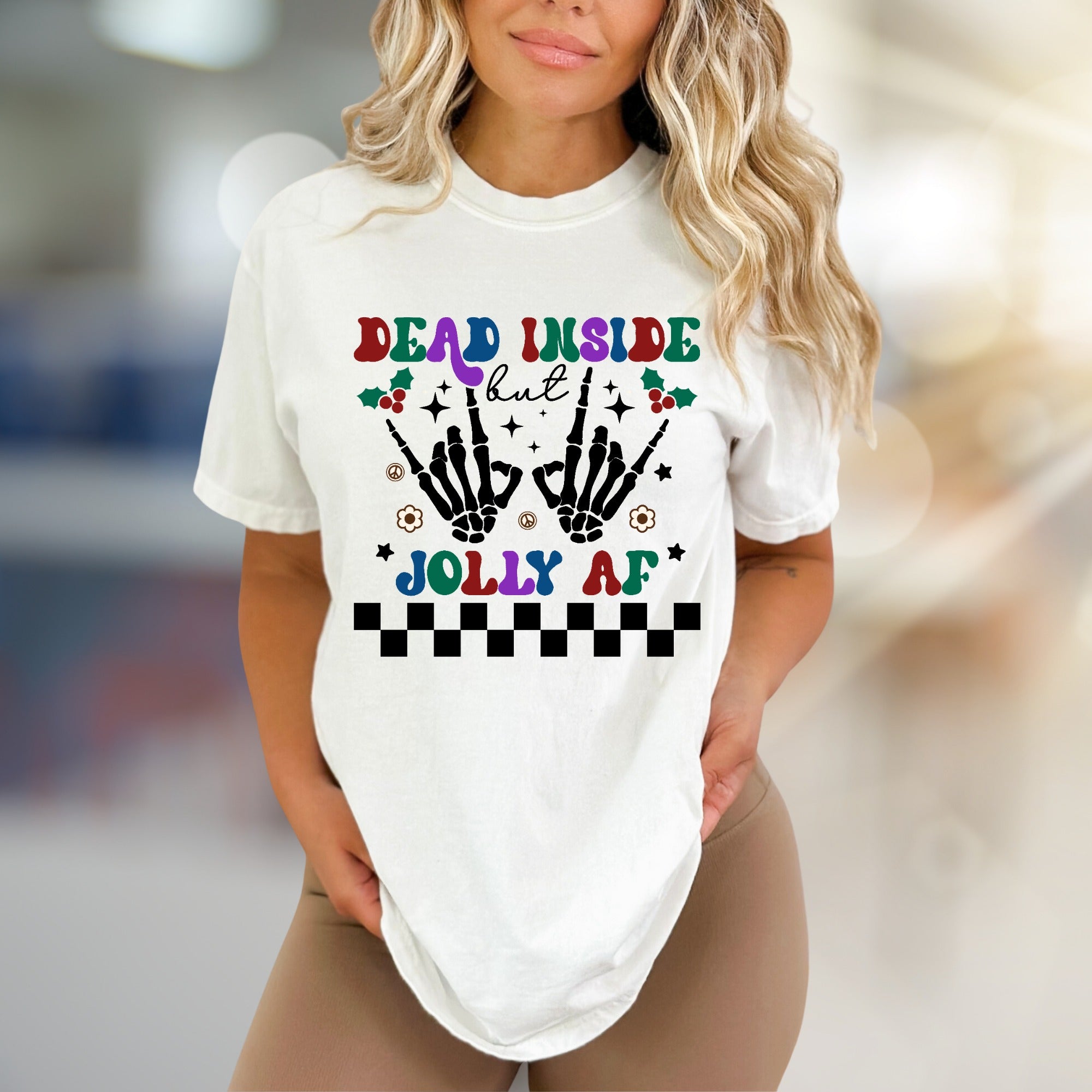 "DEAD INSIDE but JOLLY AF" Festive Skeleton Hands Graphic Tee, a Quirky Holiday Pick for Sarcastic Souls