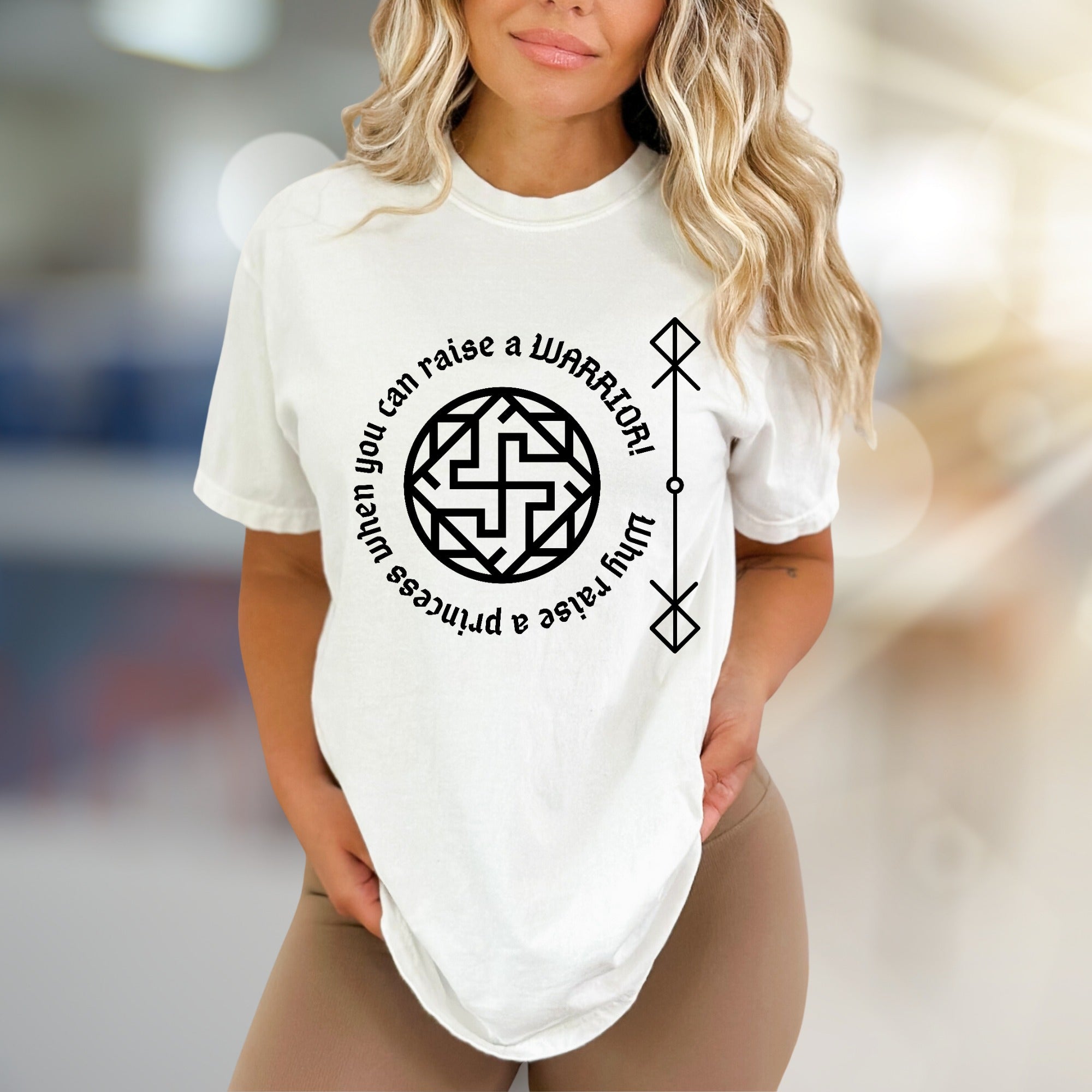 "Rai a Warrior" Empowering Rune Circle Graphic Tee, a Bold Statement for Modern Women