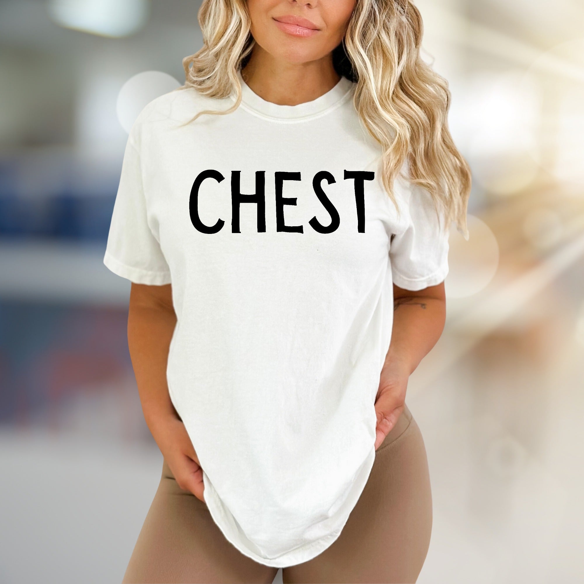 “CHEST” Funny Sarcastic Graphic Tee, A Humorous Pick for Gym Enthusiasts