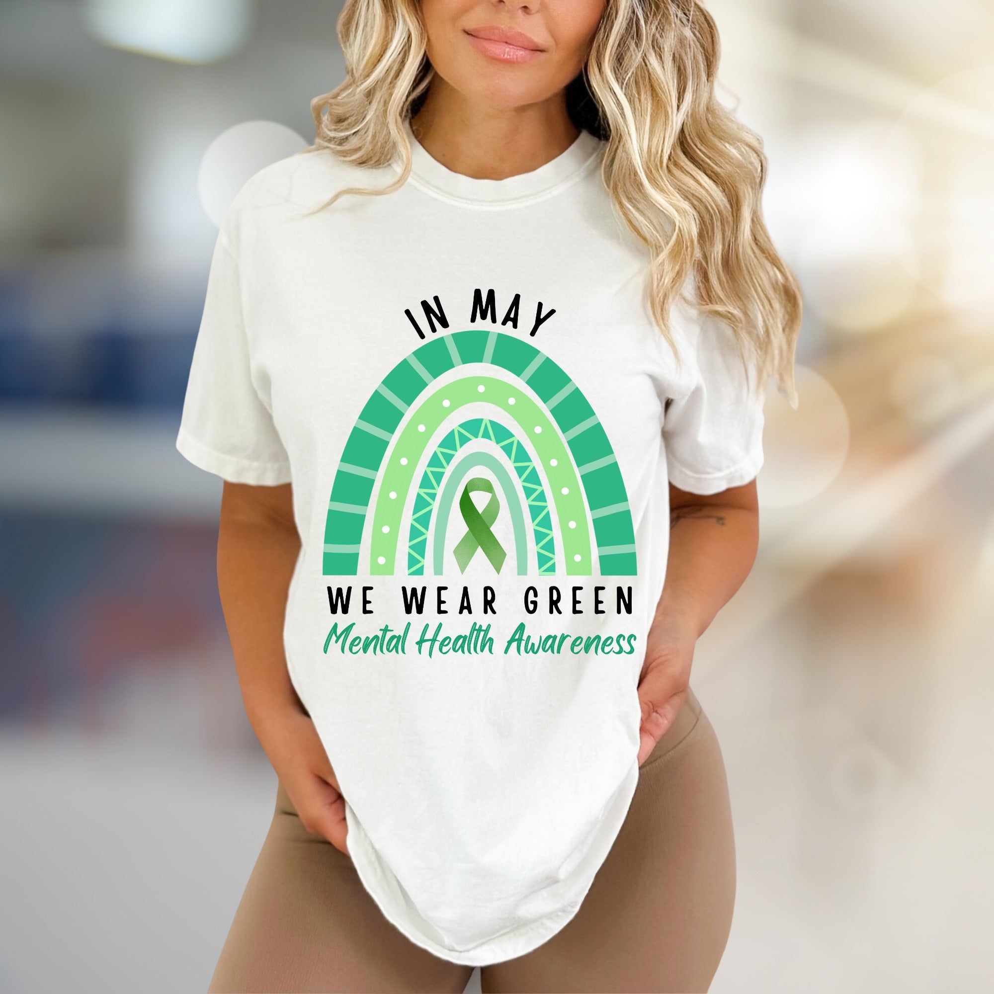 "IN MAY WE WEAR GREEN" Mental Health Awareness Rainbow Graphic Tee, a Supportive Expression for Advocates
