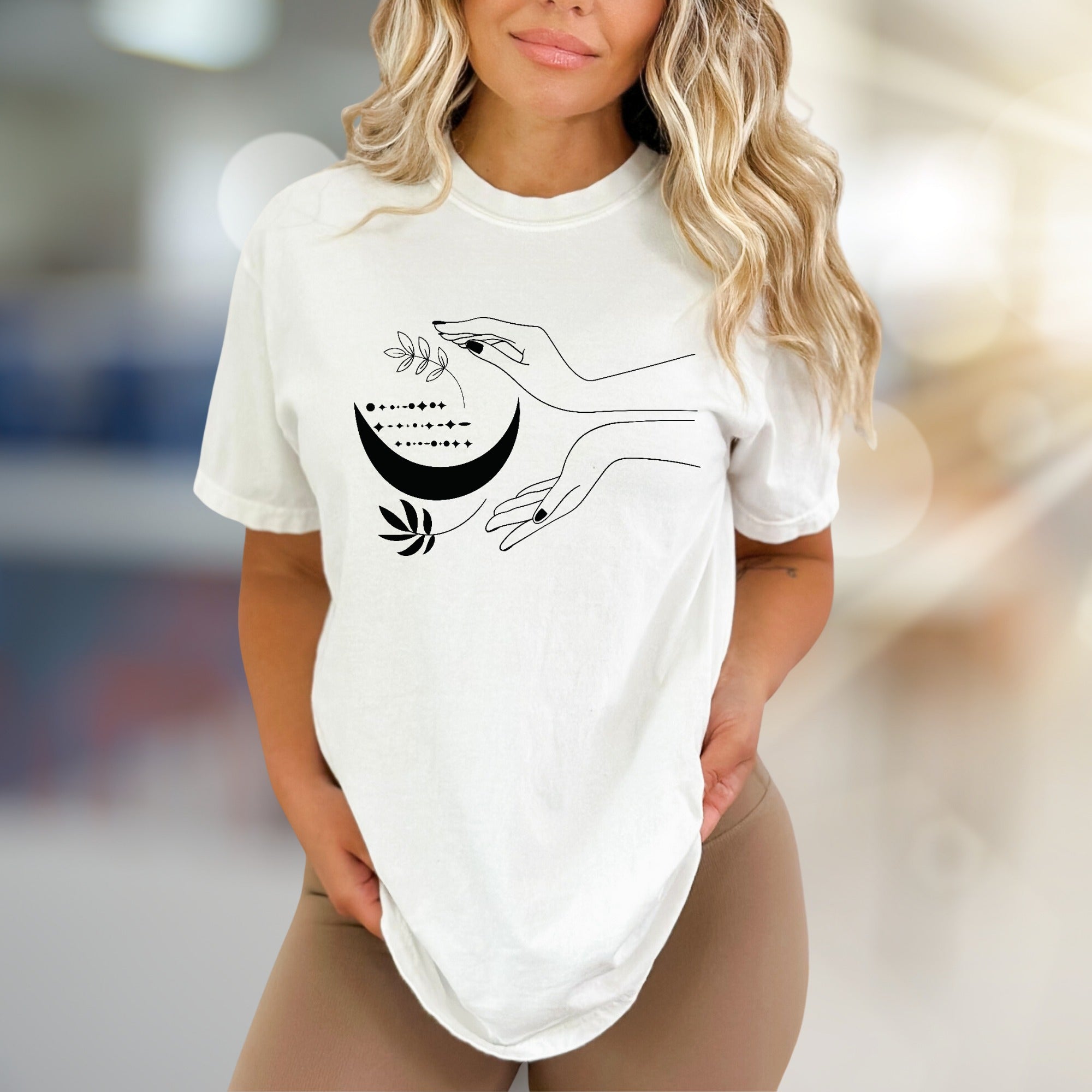 Moonlit Hands & Botanicals Graphic Tee, a Mystical Apparel for Spiritual Souls