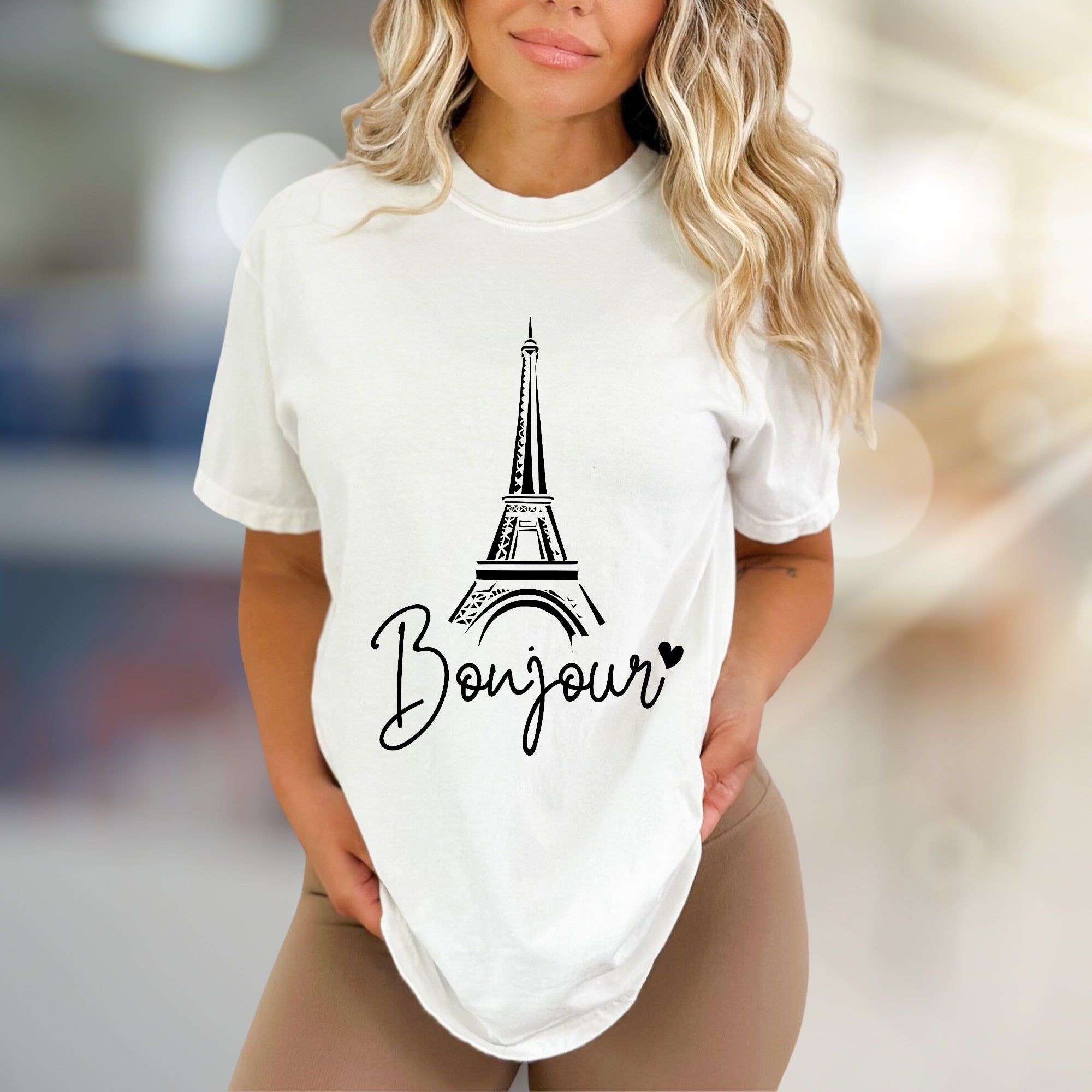 "Bonjour" Eiffel Tower Graphic Tee, a Chic French Travel Pick for Romantics