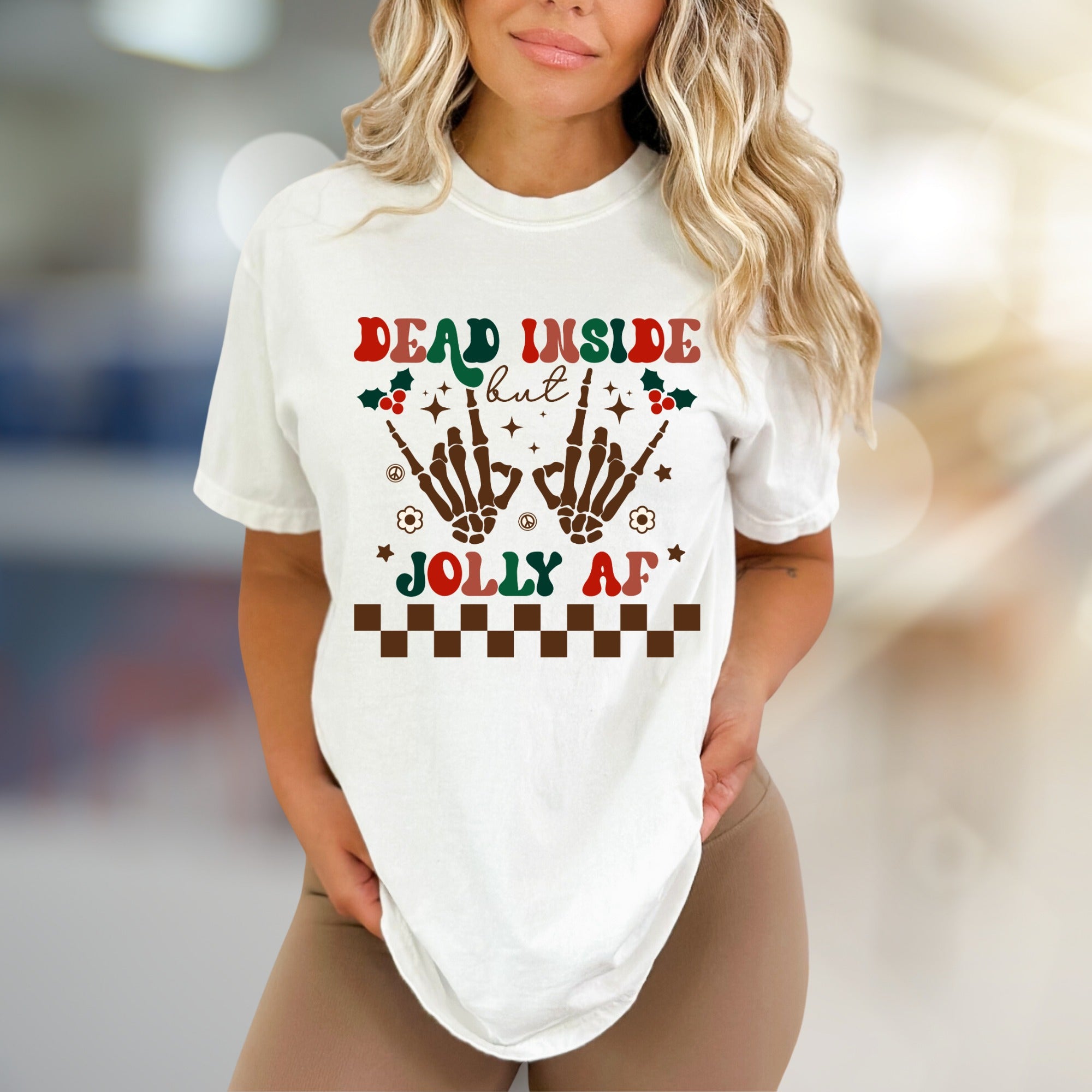 "Dead Inside But Jolly AF" Christmas Skeleton Graphic Tee, A Humorous Holiday Pick for Festive Vibes