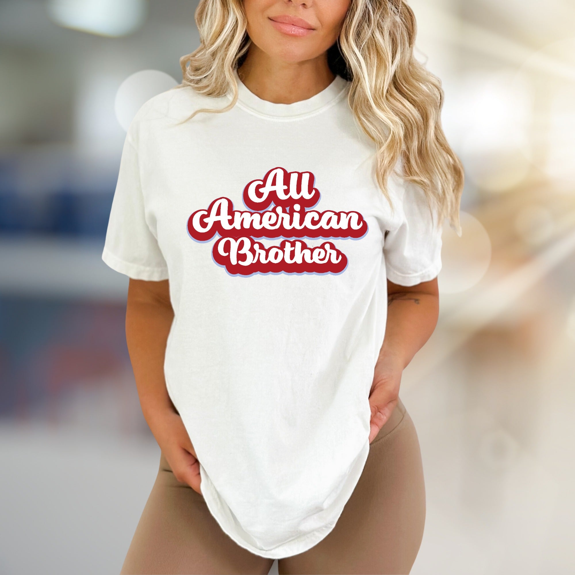 "All American Brother" Retro Script Graphic Tee, a Patriotic Pick for Family