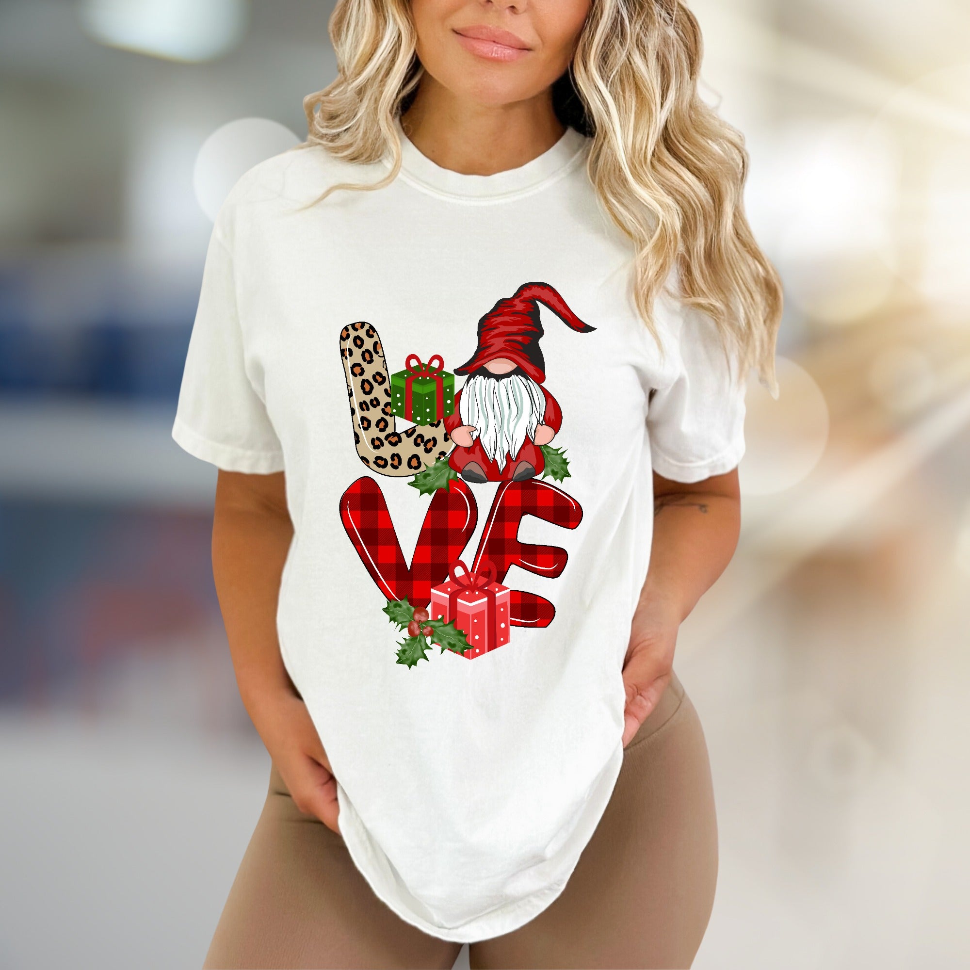 "LOVE" Gnome Leopard Plaid Graphic Tee, a Festive Holiday Gift for Her