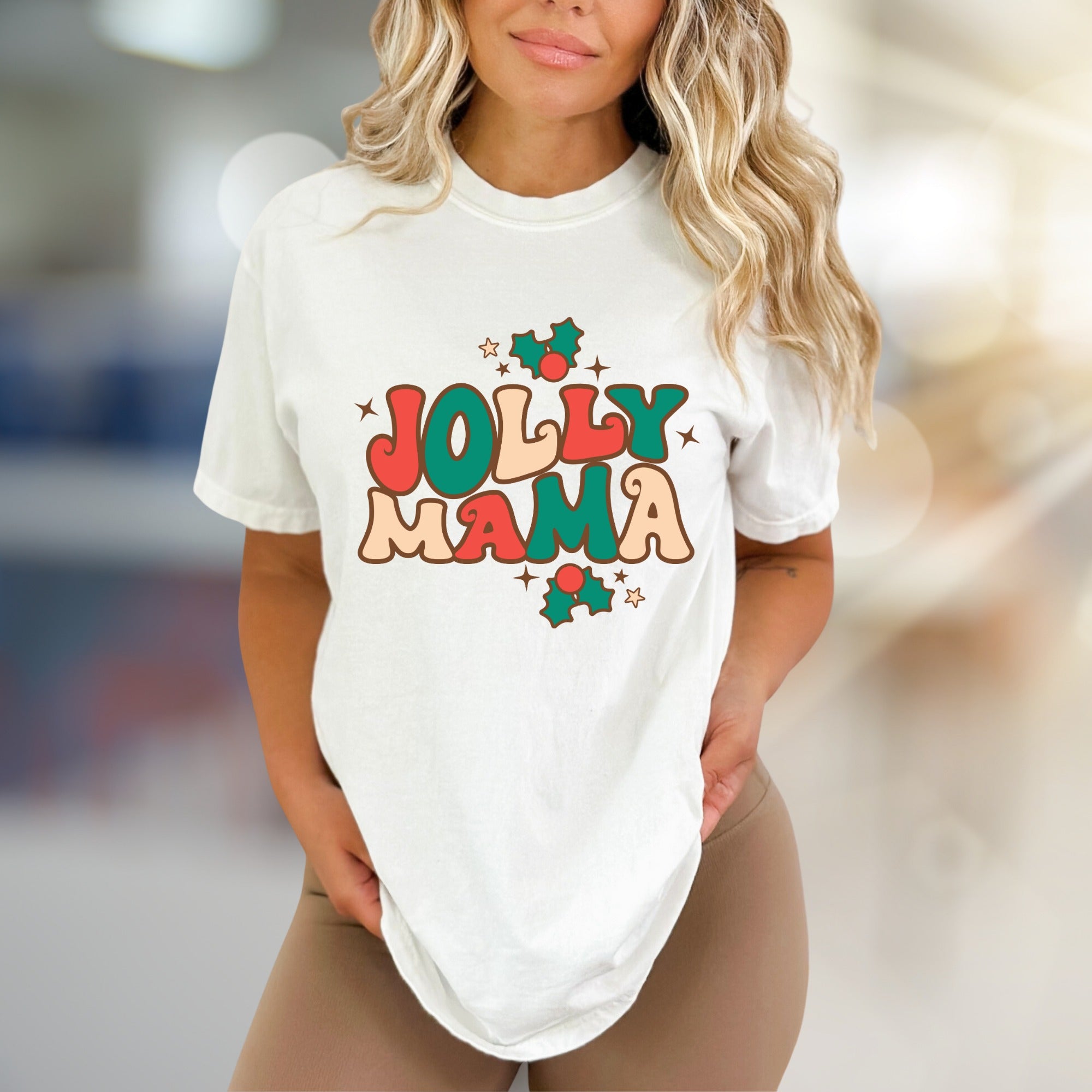 "Jolly Mama" Retro Christmas Graphic Tee, a Festive Pick for Merry Moms