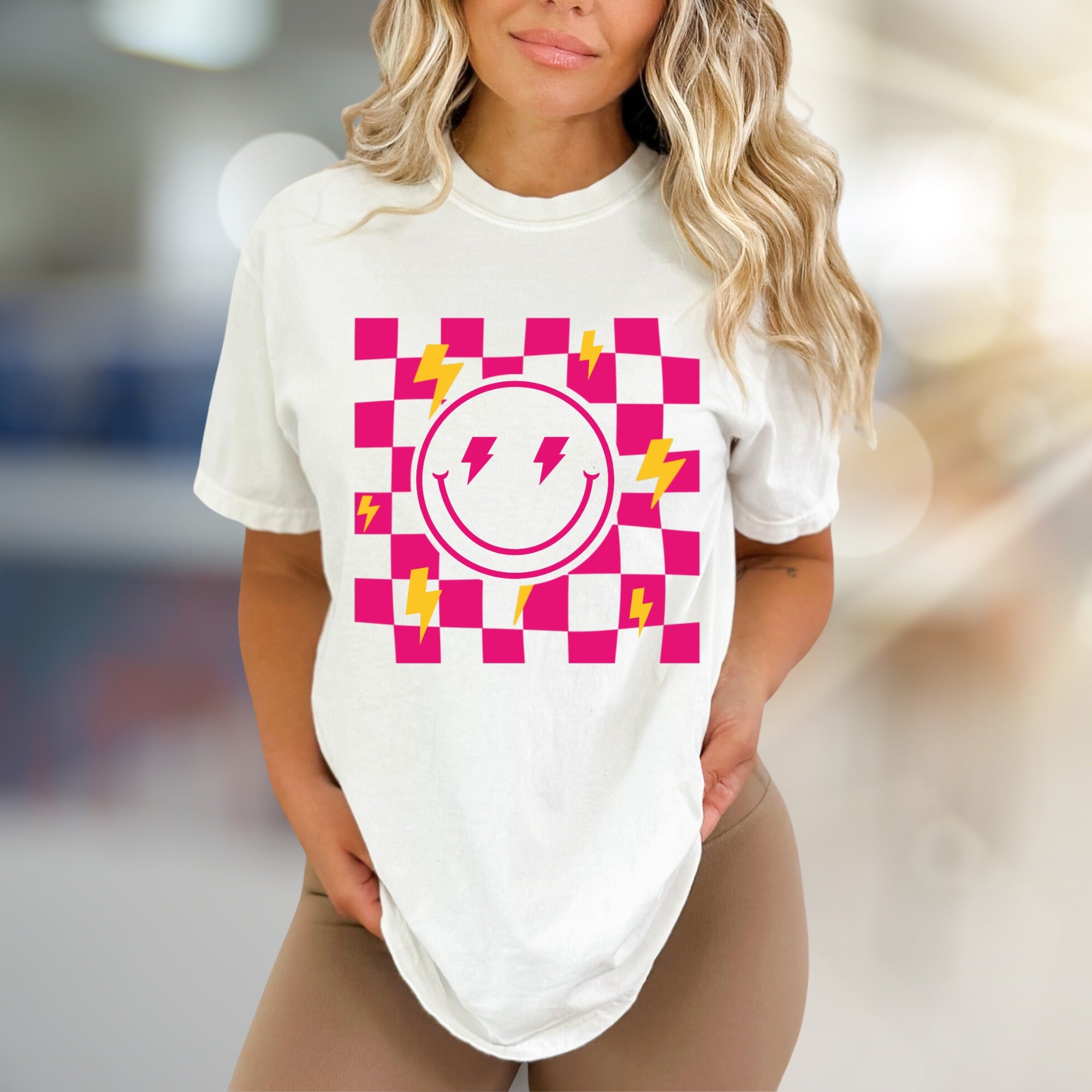 Neon Checkerboard Lightning Smiley Face Graphic Tee, a Bold Y2K Pick for Trendsetters