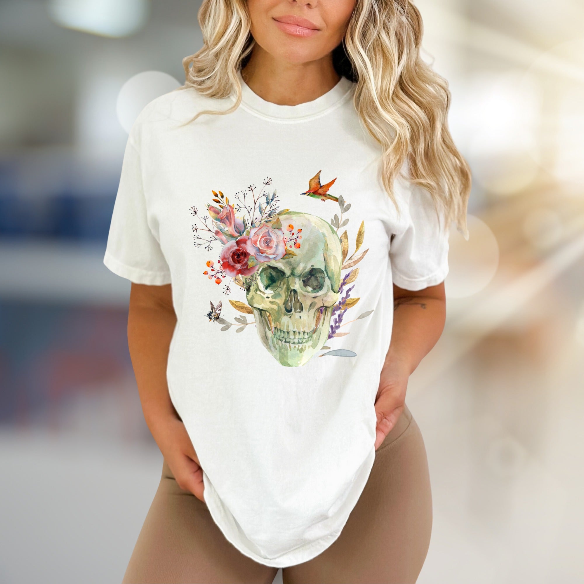 Floral Skull Watercolor Graphic Tee, a Nature-Inspired Pick for Art Lovers