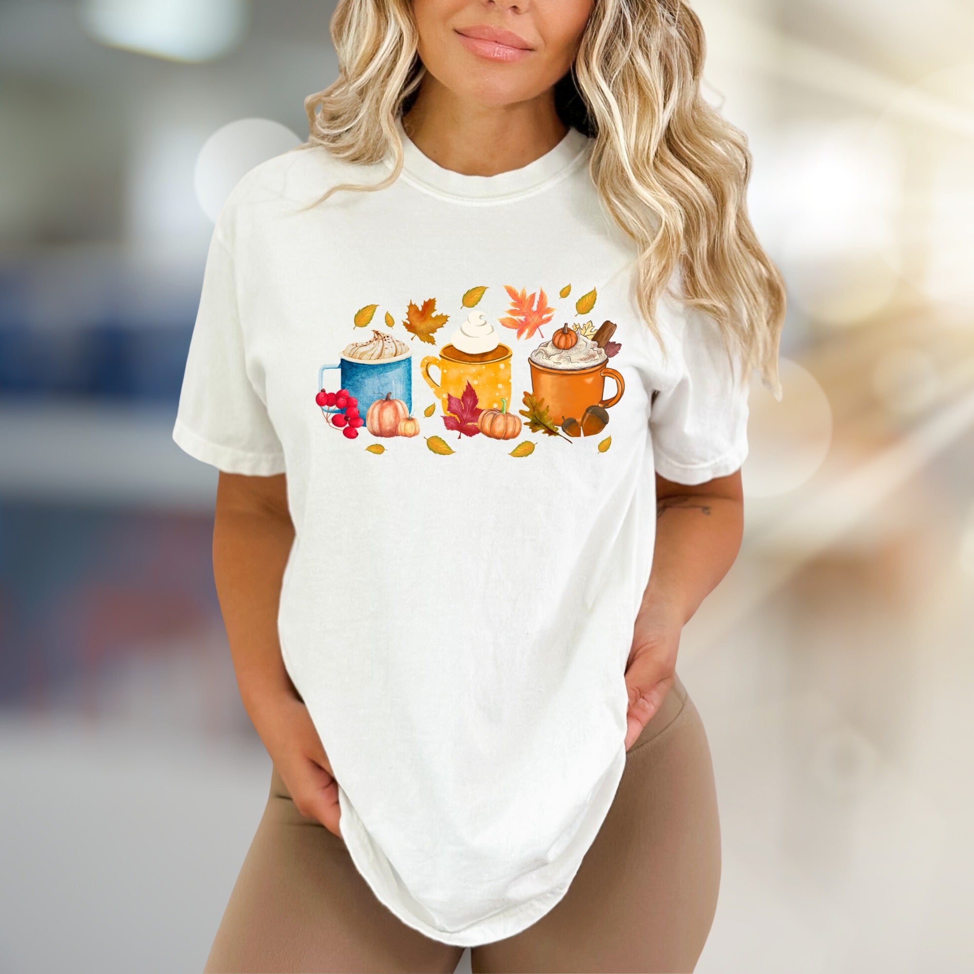 Autumn Coffee Mug Collage Graphic Tee, a Cozy Fall Fashion Pick for PSL Lovers