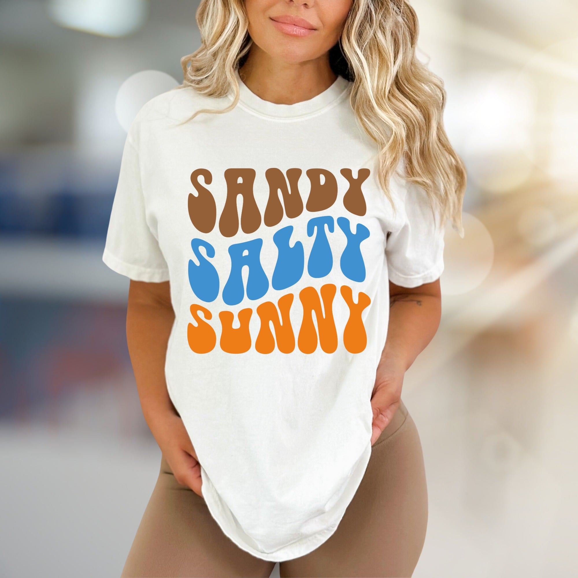 "Sandy Salty Sunny" Retro Summer Graphic Tee, a Beach Lover's Relaxed Pick