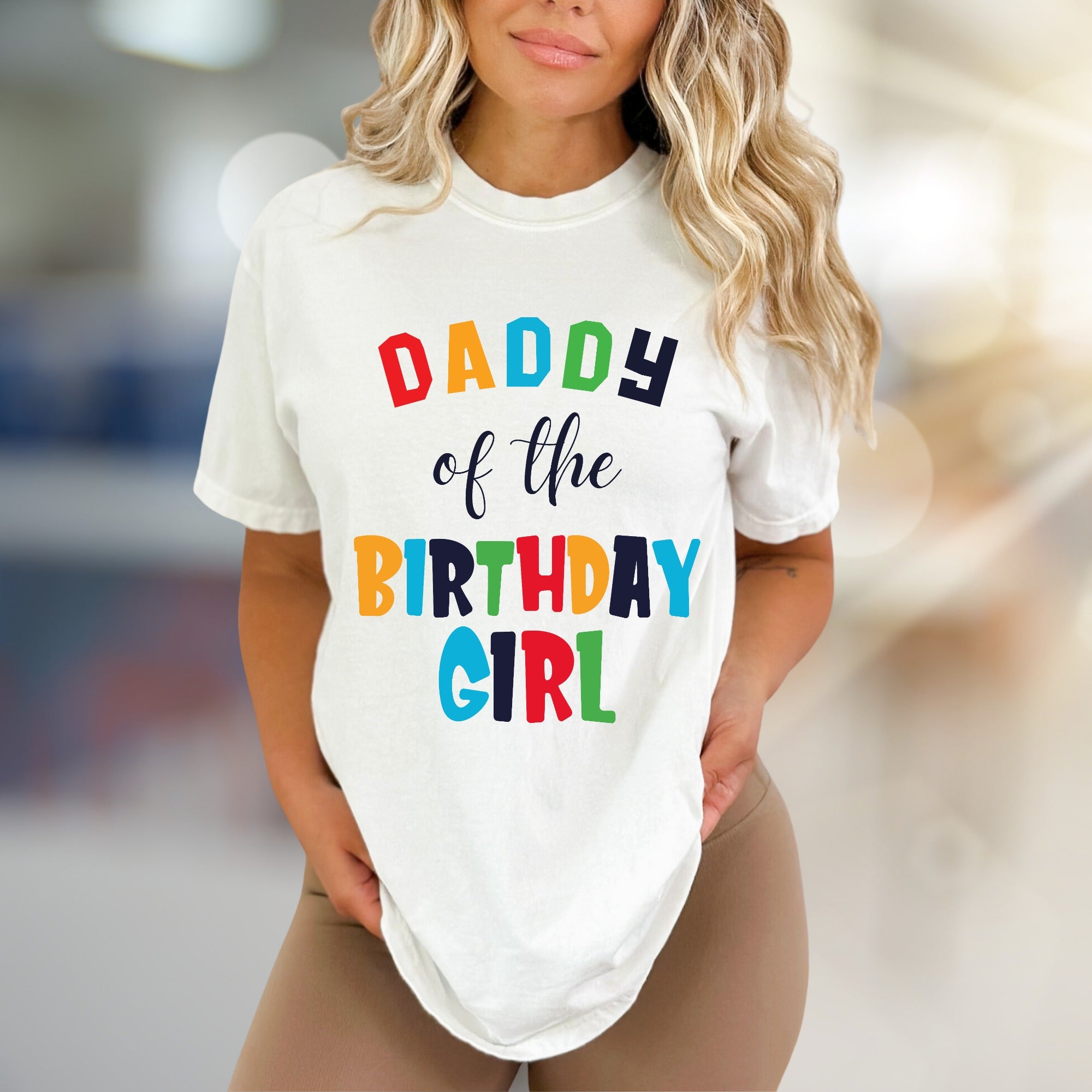 "DADDY of the BIRTHDAY GIRL" Colorful Block Letters Graphic Tee, a Celebration Pick for Fathers and Family