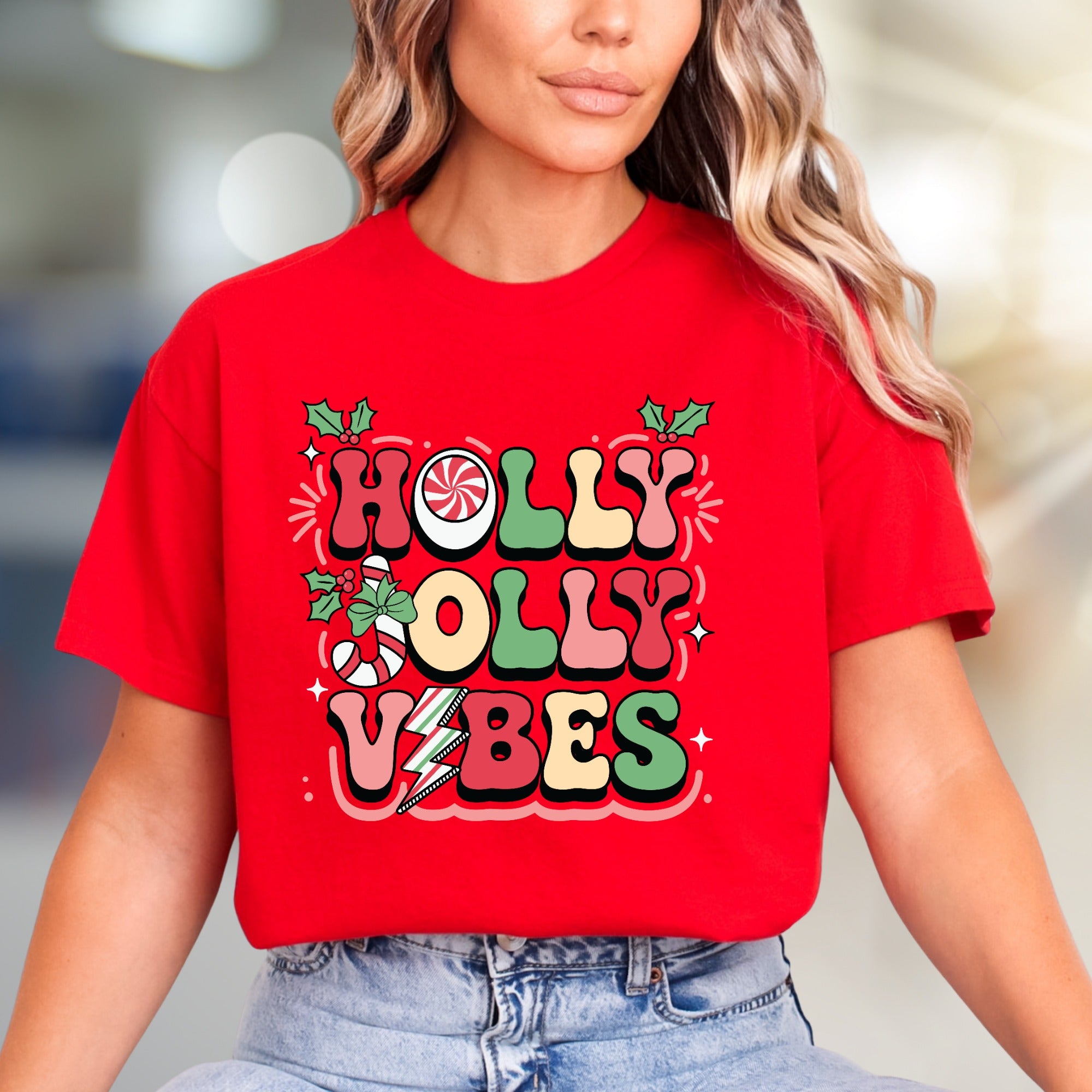 "Holly Jolly Vibes" Retro Christmas Graphic Tee, a Festive Pick for Holiday Enthusiasts