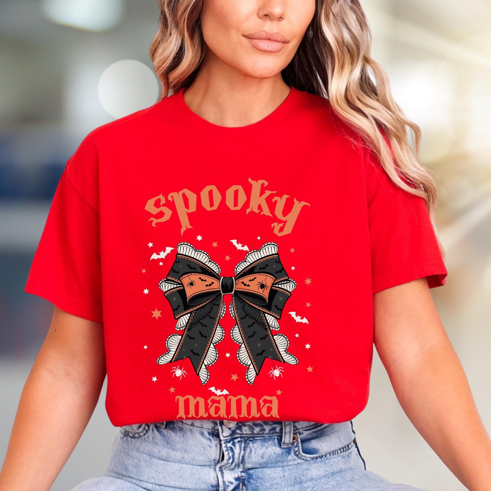 "Spooky Mama" Halloween Bow Graphic Tee, a Gothic-Chic Pick for Moms