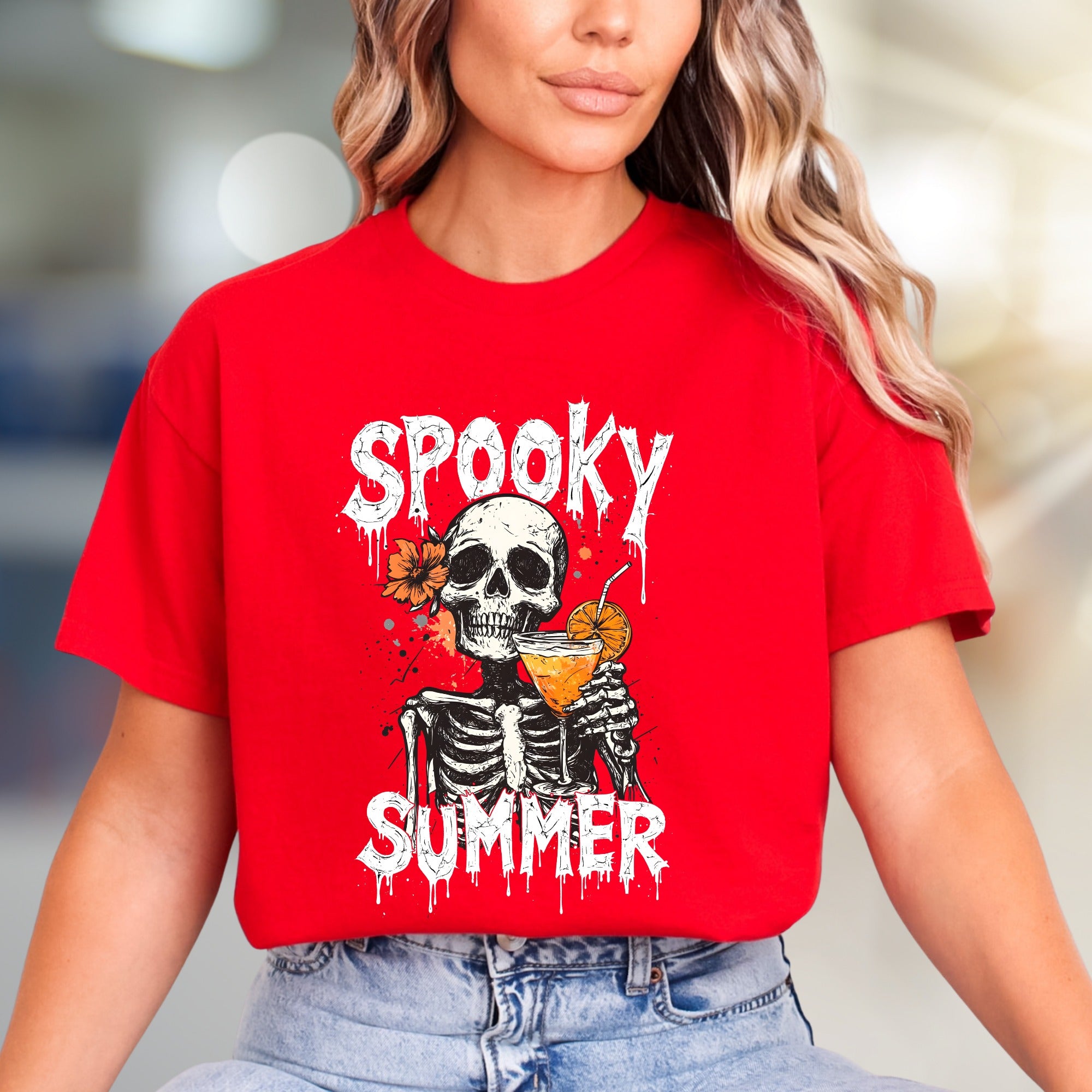 "Spooky Summer" Skeleton Cocktail Graphic Tee, a Gothic Beach Pick for Dark Humor Enthusiasts