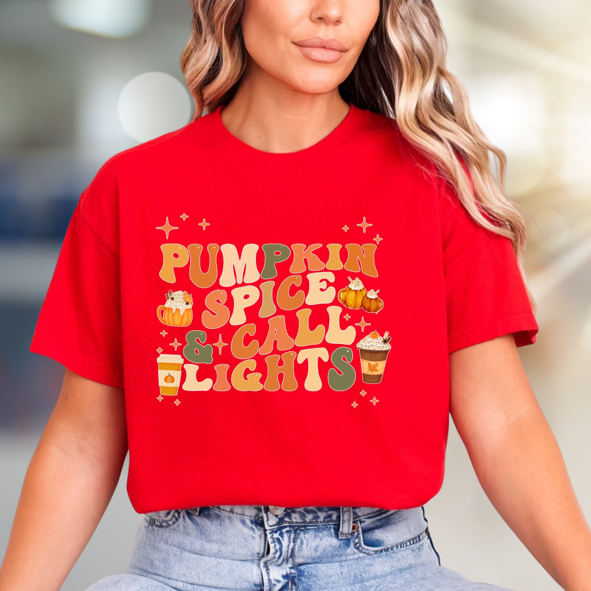 "Pumpkin Spice & Call Lights" Retro Fall Graphic Tee, a Seasonal Comfort Pick for Autumn Lovers