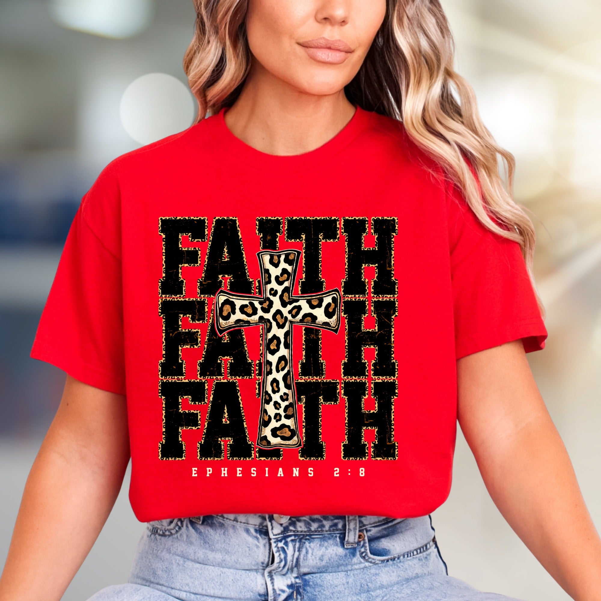 "Faith Ephesians 2:8" Leopard Print Cross Graphic Tee, a Spiritual Boho Pick for Believers