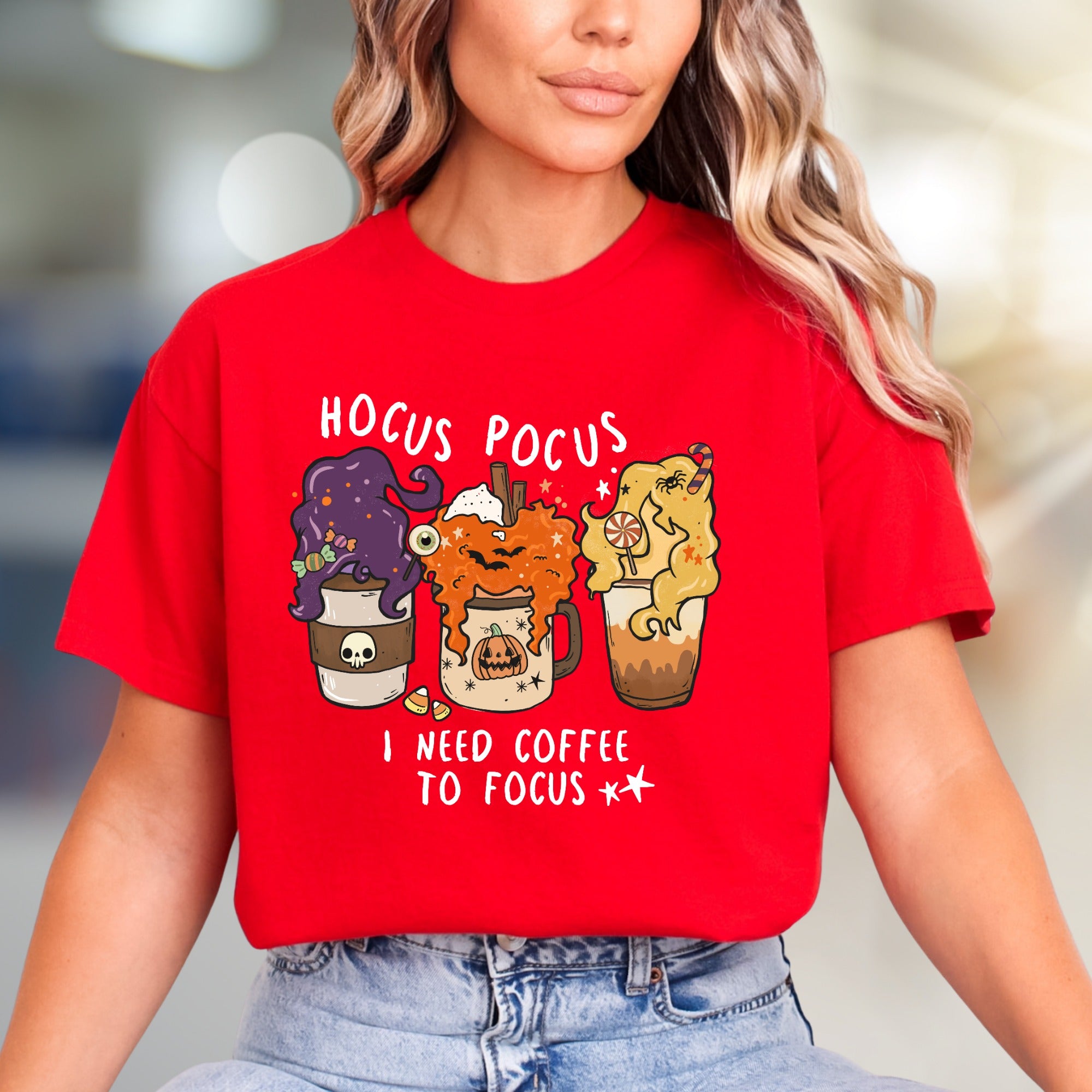 "Hocus Pocus I Need Coffee to Focus" Halloween Coffee Graphic Tee, a Spooky Funny Pick for Caffeine Lovers