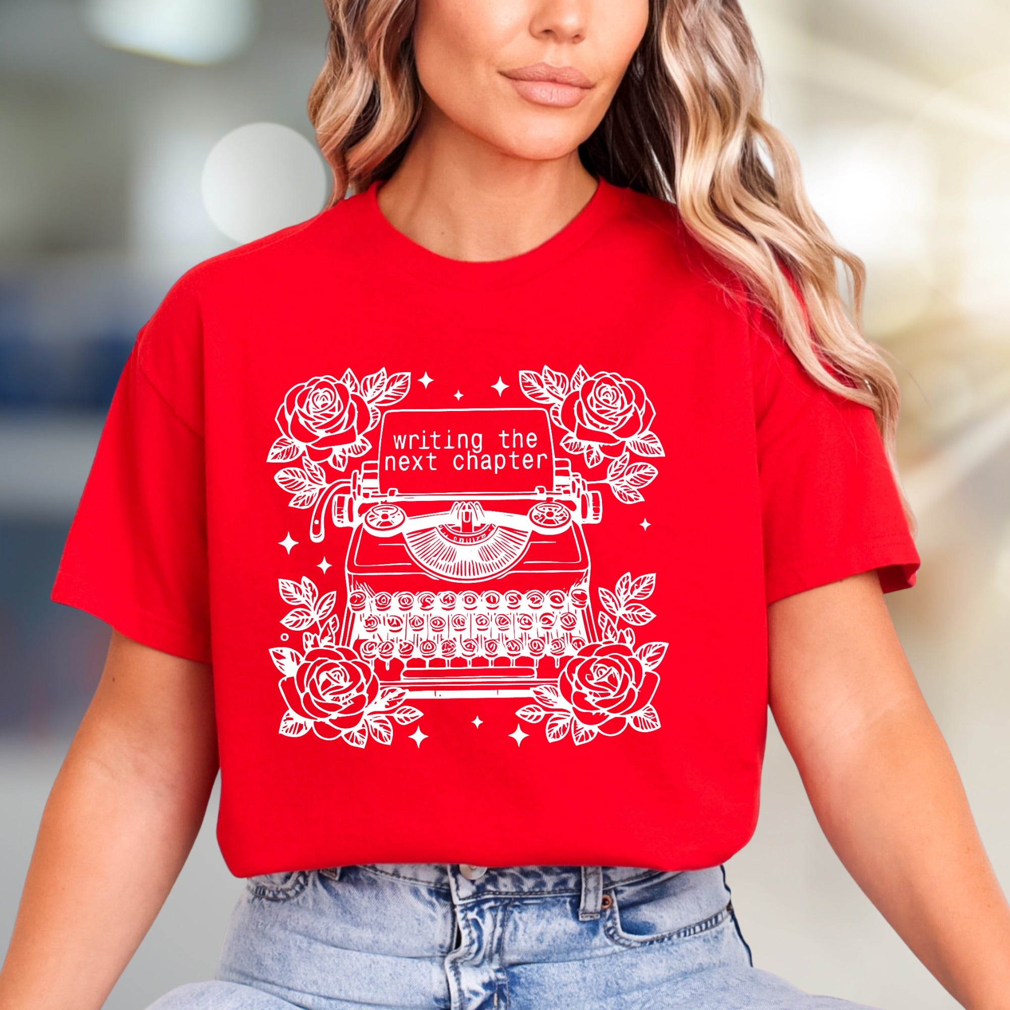 "Writing The Next Chapter" Typewriter Graphic Tee, a Creative Literary Pick for Authors