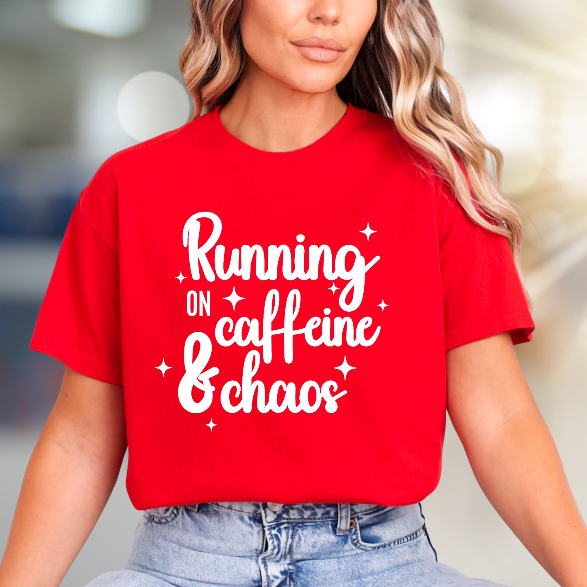 "Running on Caffeine & Chaos" Graphic Tee, a Witty Pick for Coffee Lovers